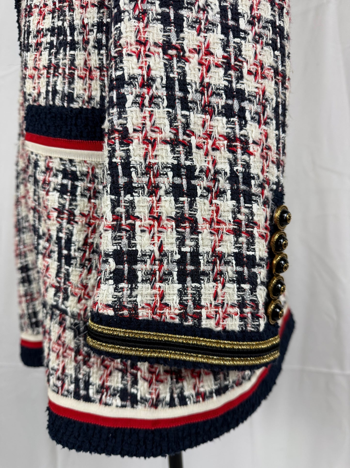 Gucci Giacca Cardigan in Tweed Web Stripe Bianco Blu - Pally Vintage Closet