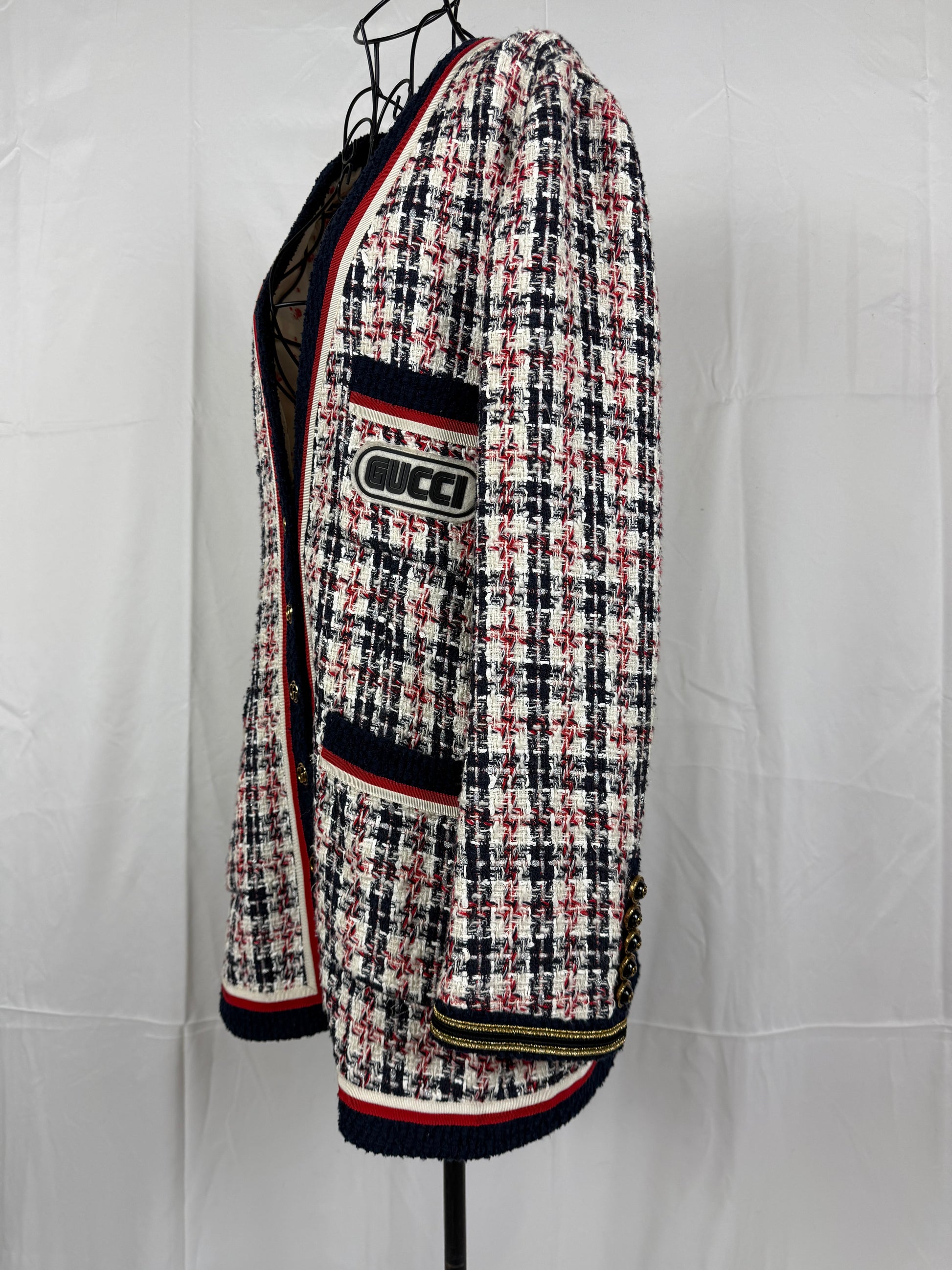 Gucci Giacca Cardigan in Tweed Web Stripe Bianco Blu - Pally Vintage Closet