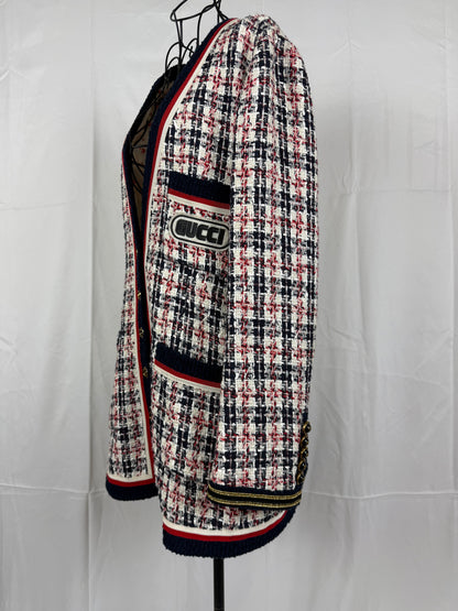 Gucci Giacca Cardigan in Tweed Web Stripe Bianco Blu - Pally Vintage Closet