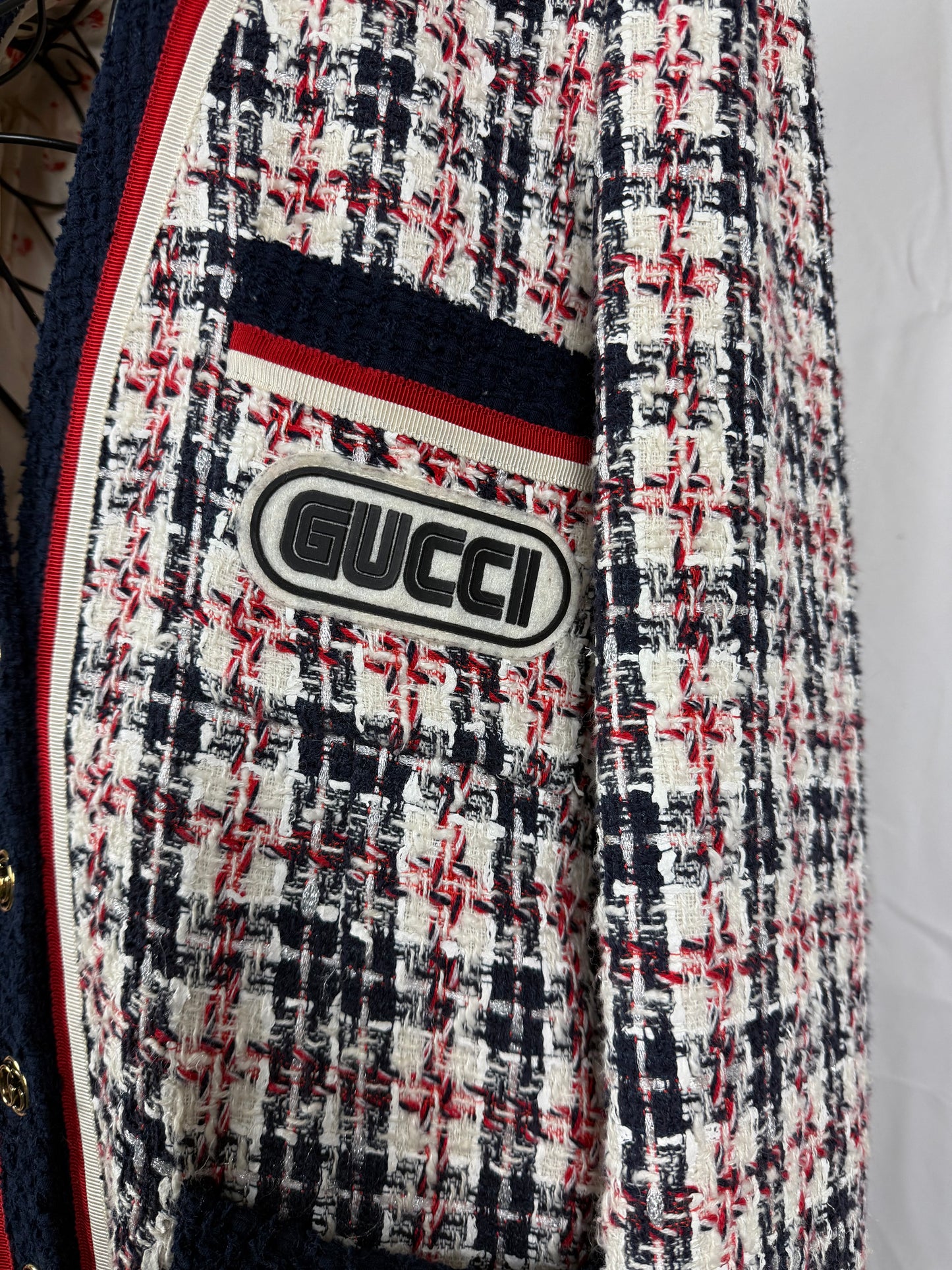 Gucci Giacca Cardigan in Tweed Web Stripe Bianco Blu - Pally Vintage Closet