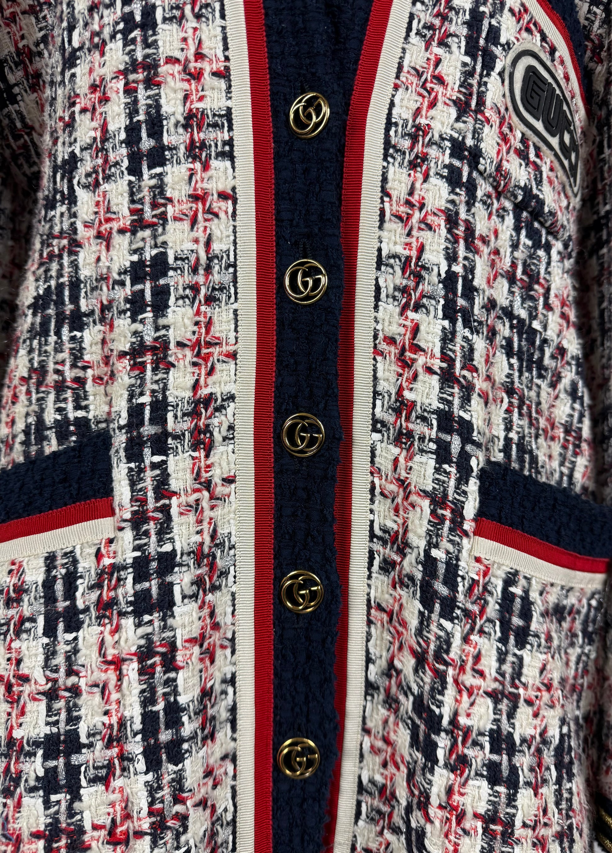 Gucci Giacca Cardigan in Tweed Web Stripe Bianco Blu - Pally Vintage Closet