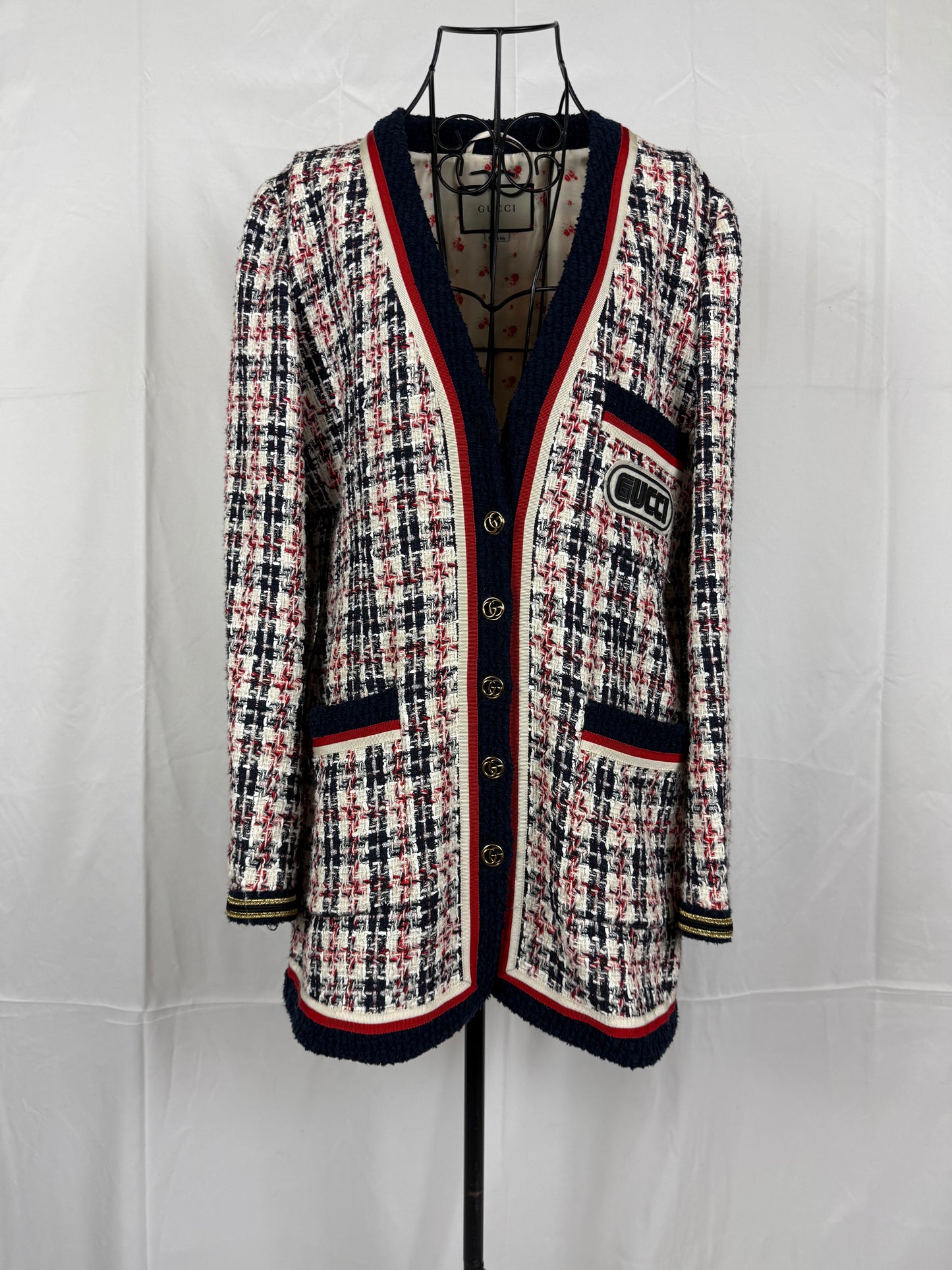 Gucci Giacca Cardigan in Tweed Web Stripe Bianco Blu - Pally Vintage Closet
