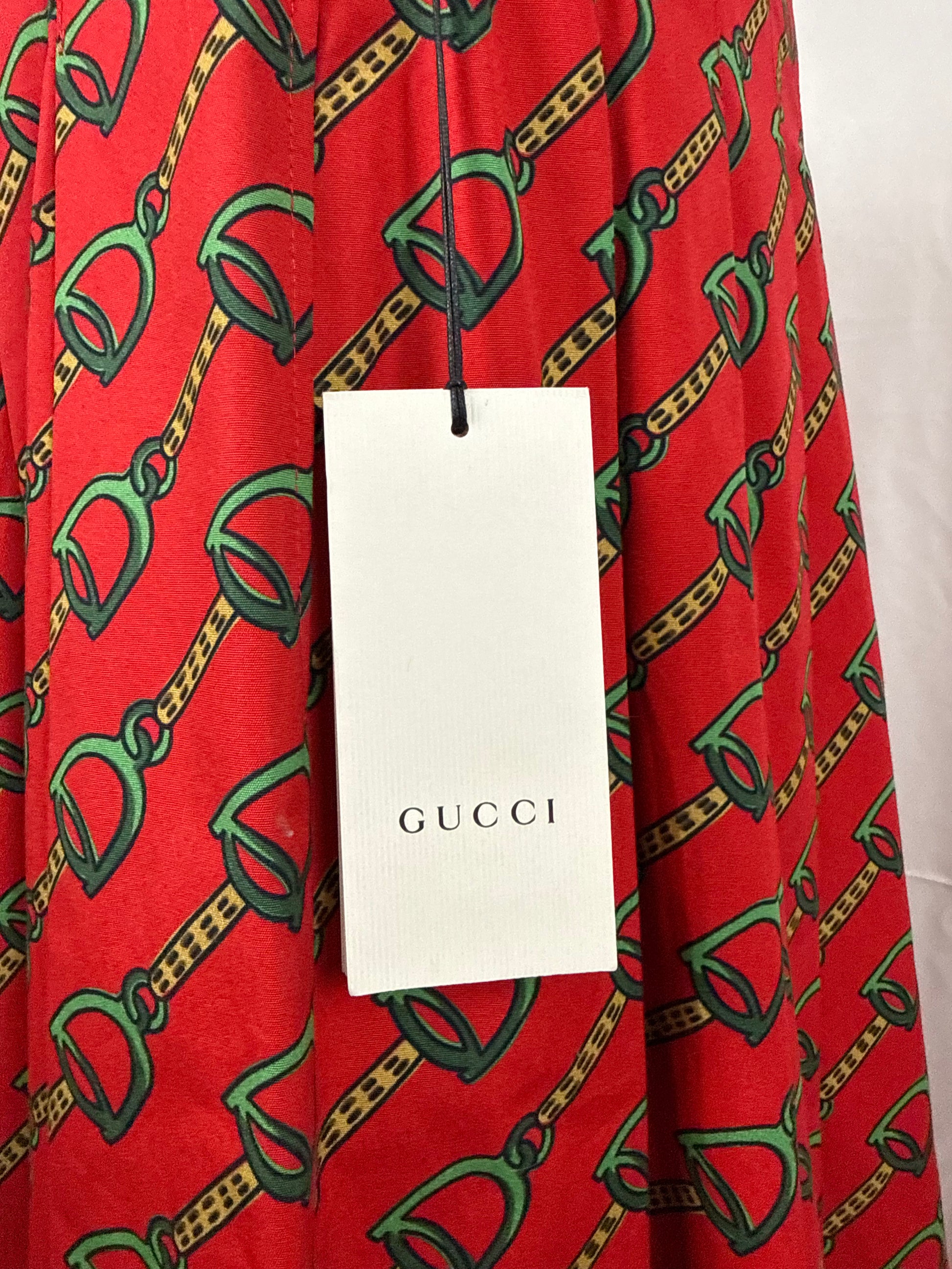 Gucci Gonna a Pieghe con Stampa Equestre Stirrup Midi Rossa - Pally Vintage Closet