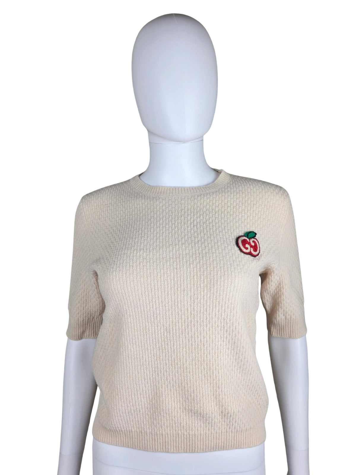 Gucci Maglioncino a Maniche Corte in Lana GG Apple Rosa Pallido - Pally Vintage Closet