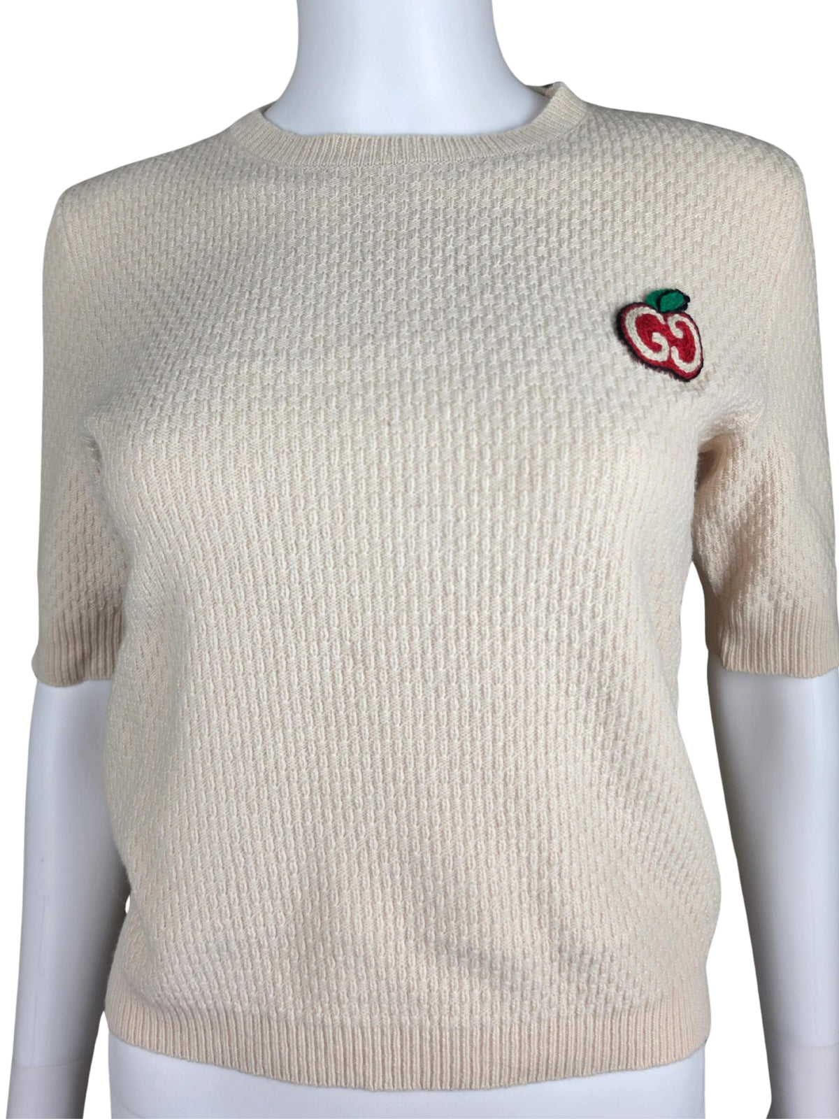 Gucci Maglioncino a Maniche Corte in Lana GG Apple Rosa Pallido - Pally Vintage Closet