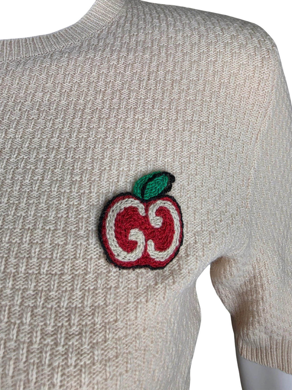 Gucci Maglioncino a Maniche Corte in Lana GG Apple Rosa Pallido - Pally Vintage Closet