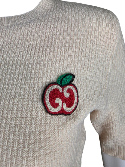 Gucci Maglioncino a Maniche Corte in Lana GG Apple Rosa Pallido - Pally Vintage Closet