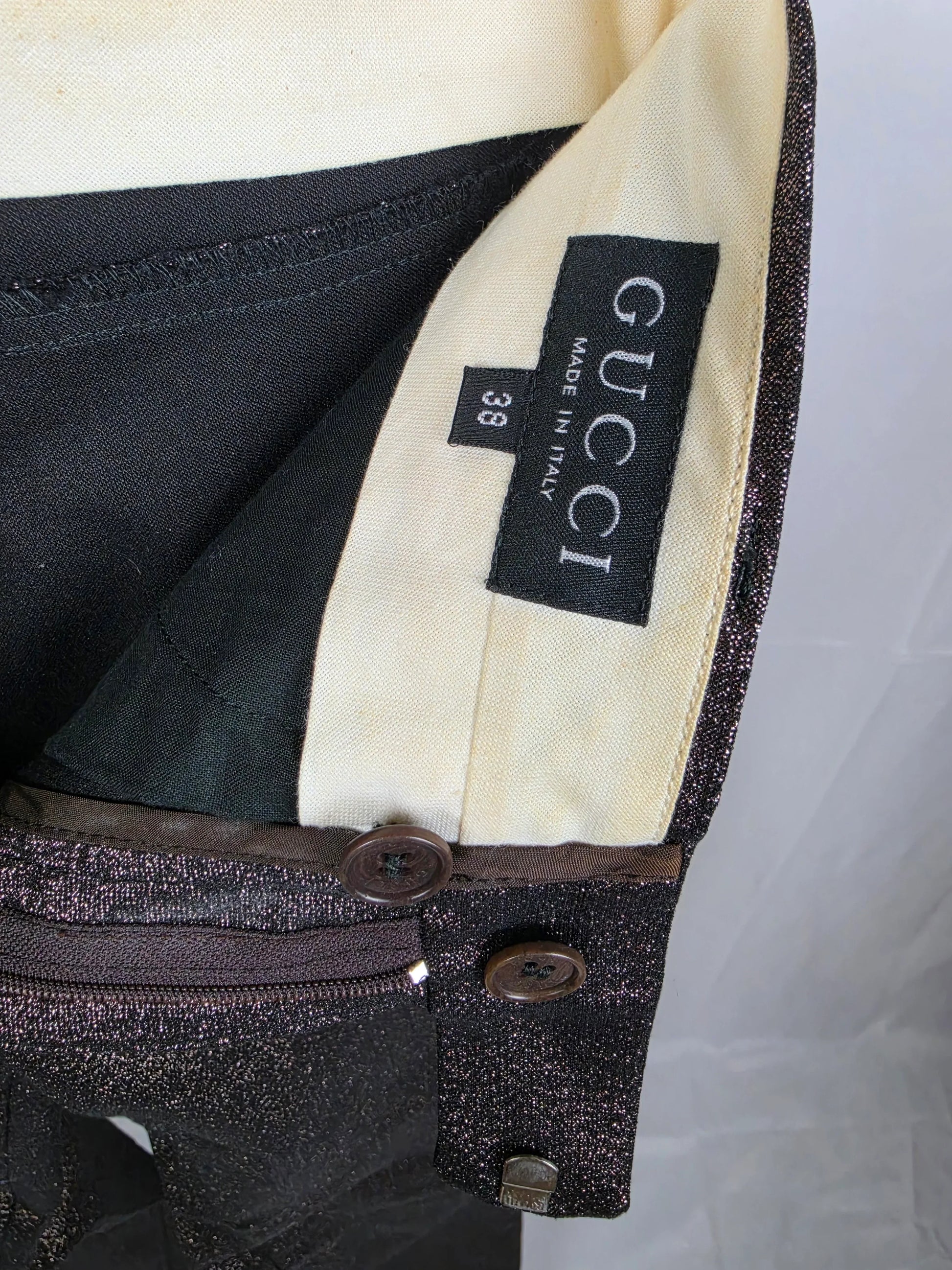 Gucci-Pantaloni-Vintage-1997-by-Tom-Ford-Metallizzato-Marrone-70134042984772 - Pally Vintage Closet