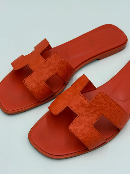 Hermès Orange Poppy Epsom Leather Oran Sandals