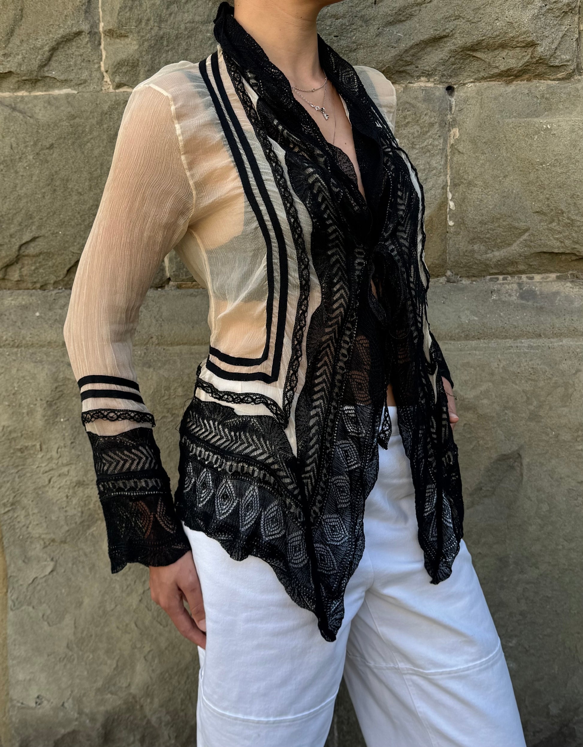 Jean Paul Gaultier Cardigan Vintage Effetto Stropicciato e Pizzo Nero - Pally Vintage Closet