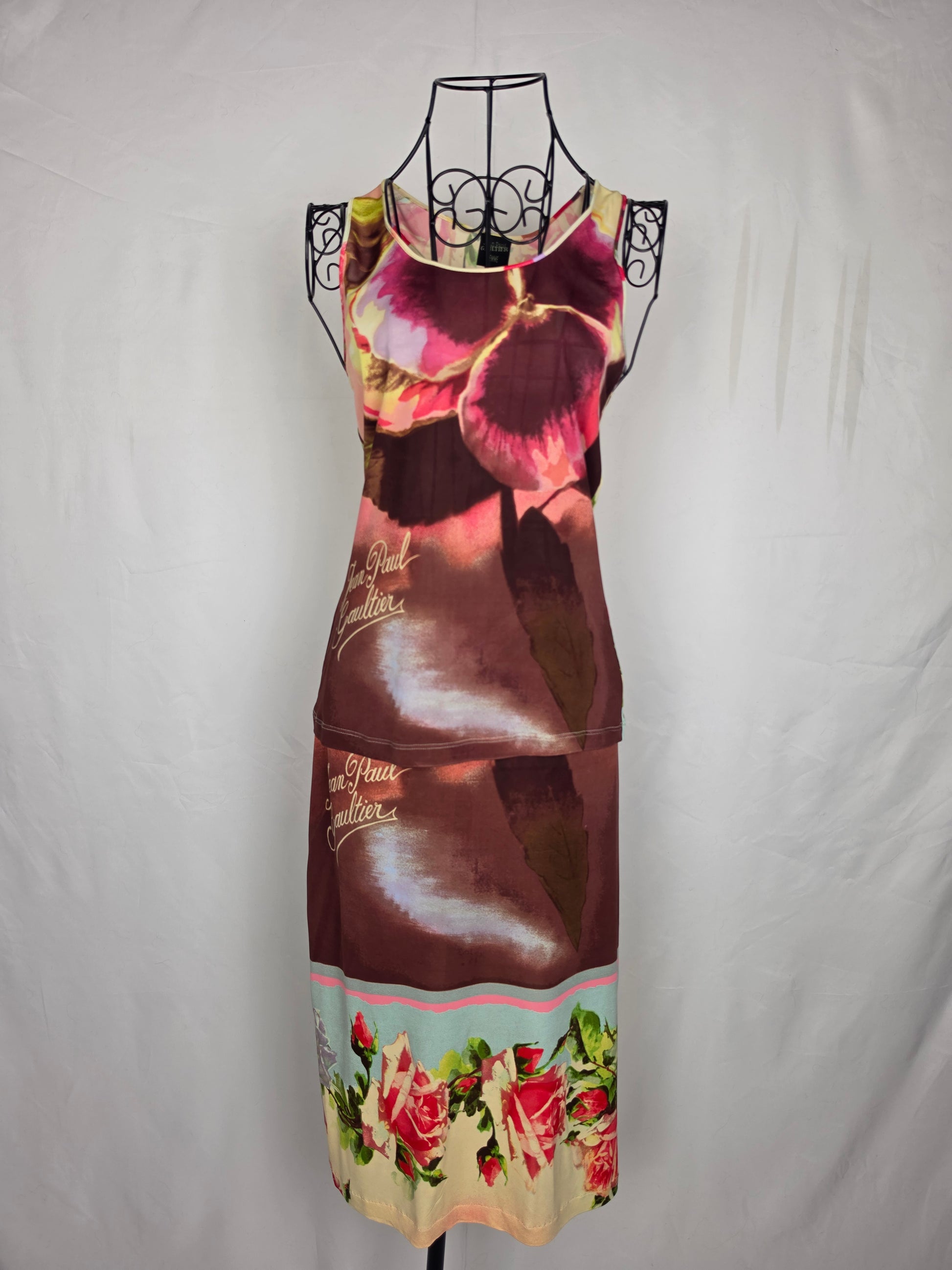 Jean Paul Gaultier Completo Vintage Canotta e Gonna con Stampa Floreale Rosa - Pally Vintage Closet