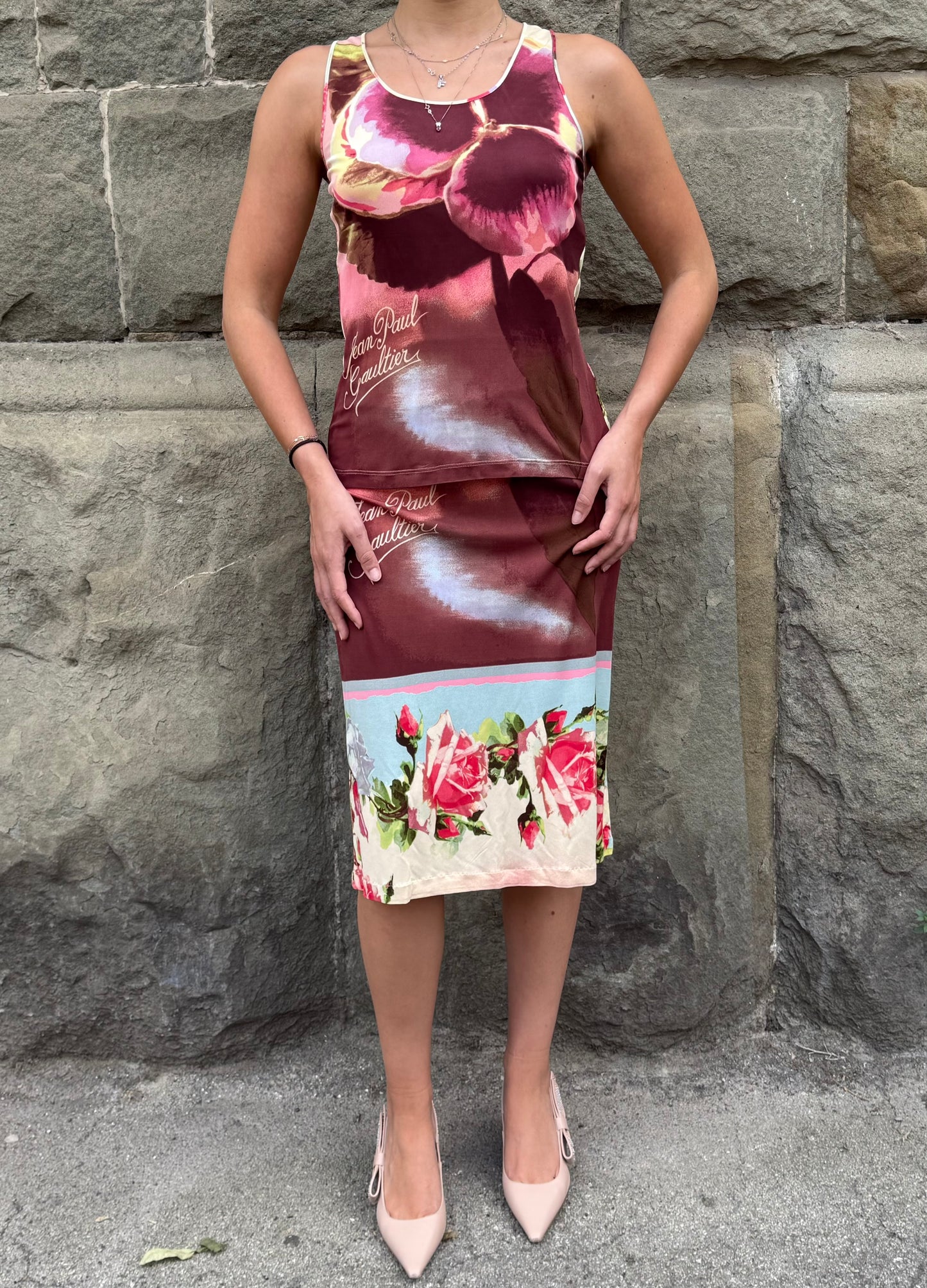 Jean Paul Gaultier Completo Vintage Canotta e Gonna con Stampa Floreale Rosa - Pally Vintage Closet
