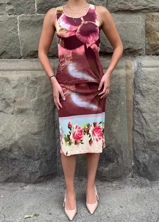 Jean Paul Gaultier Completo Vintage Canotta e Gonna con Stampa Floreale Rosa - Pally Vintage Closet