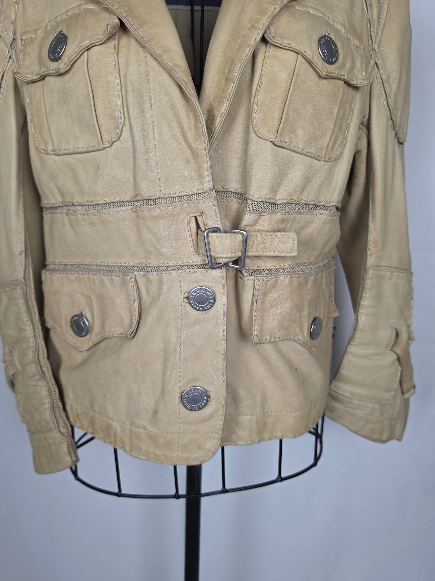 Jean Paul Gaultier Jeans Giacca in Pelle Vintage Stile Safari Beige - Pally Vintage Closet