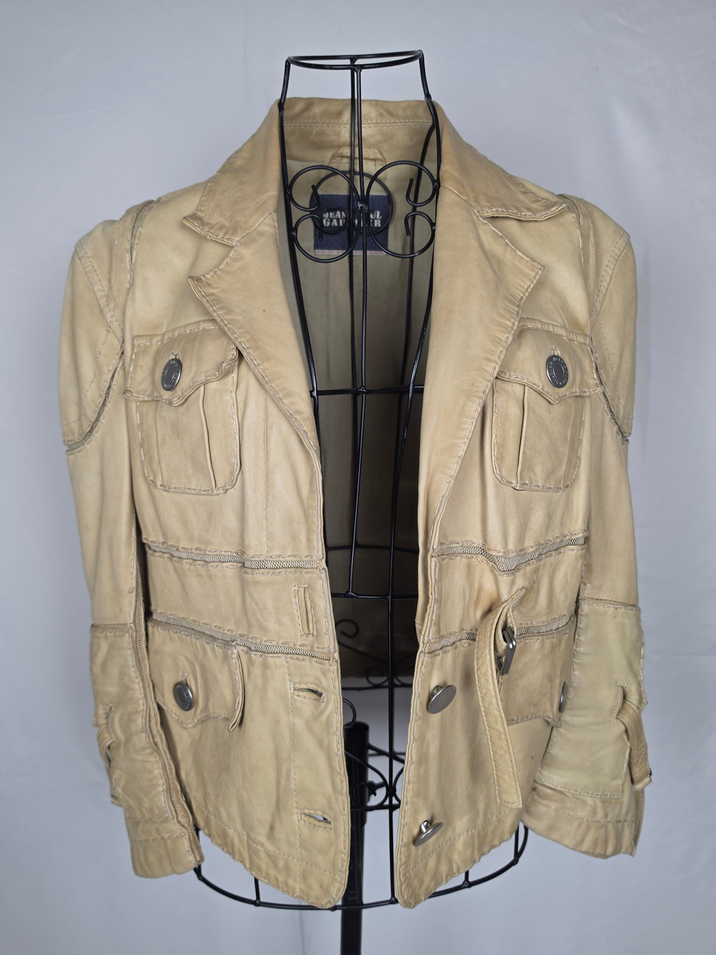Jean Paul Gaultier Jeans Giacca in Pelle Vintage Stile Safari Beige - Pally Vintage Closet