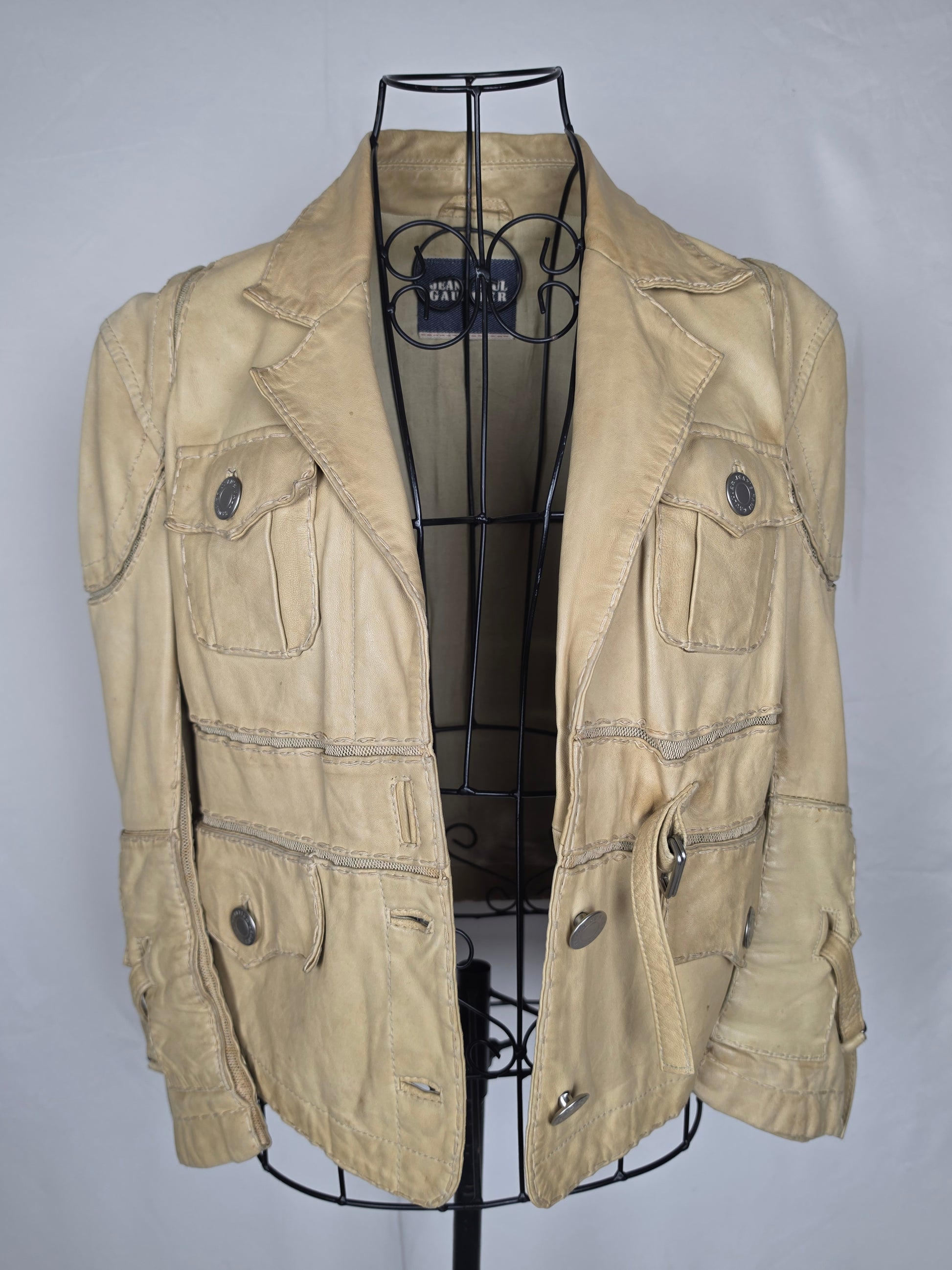 Jean Paul Gaultier Jeans Giacca in Pelle Vintage Stile Safari Beige - Pally Vintage Closet