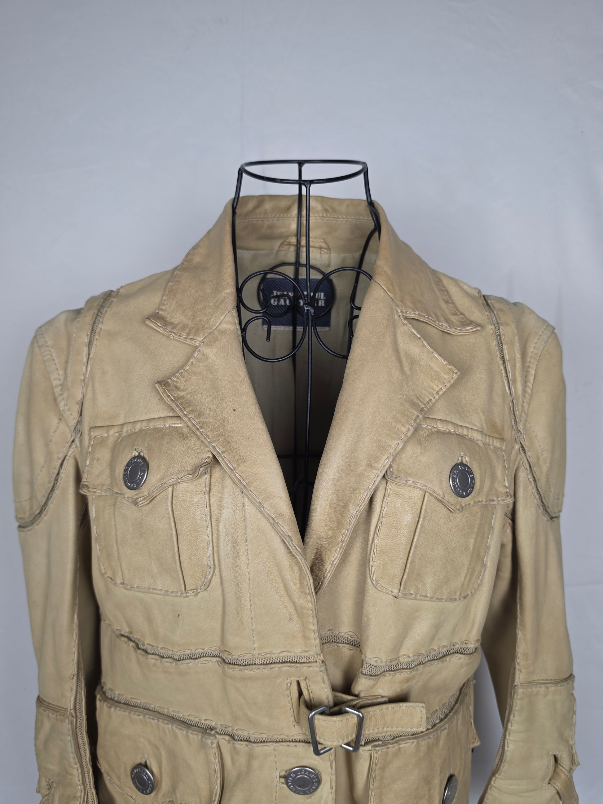 Jean Paul Gaultier Jeans Giacca in Pelle Vintage Stile Safari Beige - Pally Vintage Closet