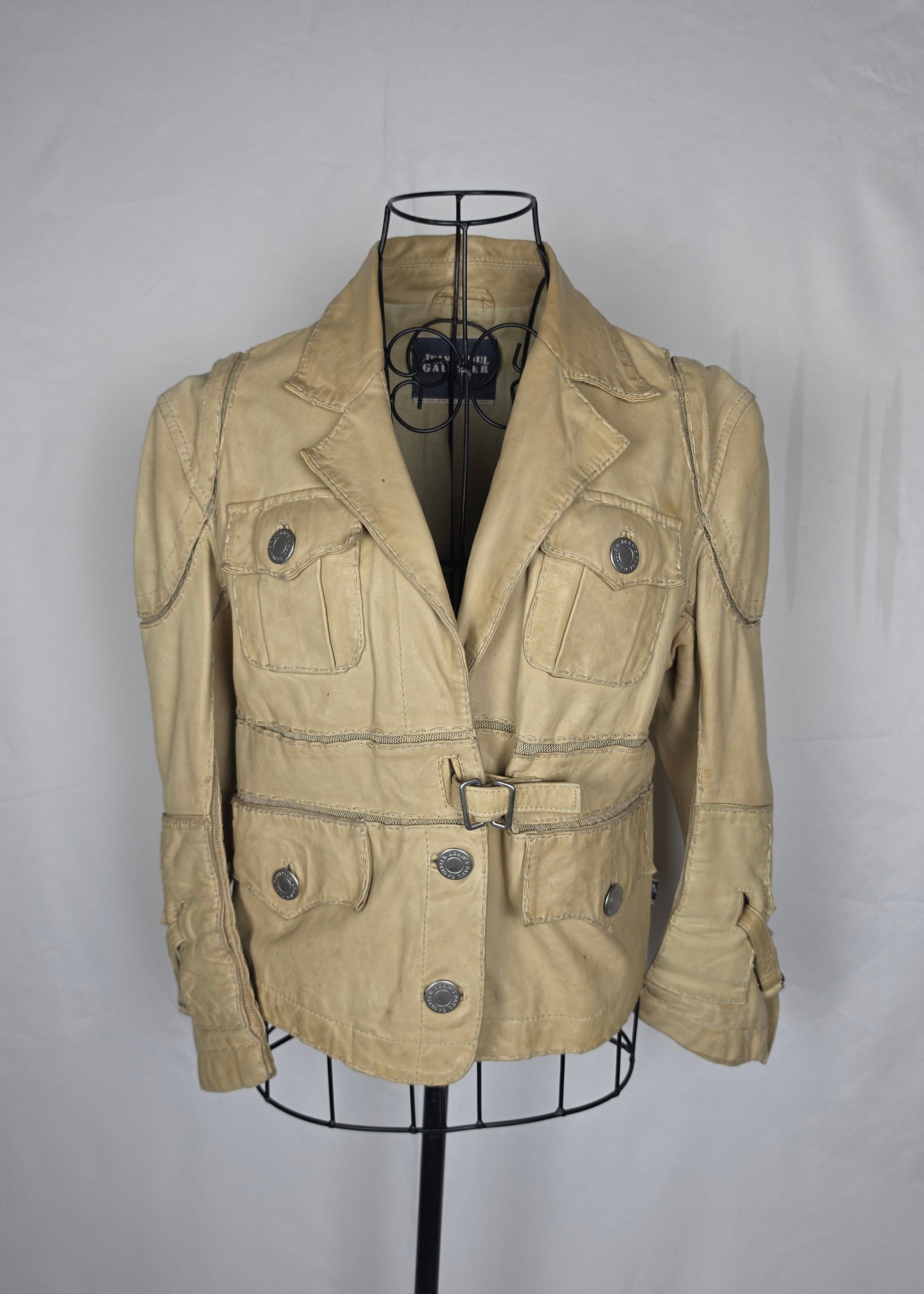 Jean Paul Gaultier Jeans Giacca in Pelle Vintage Stile Safari Beige - Pally Vintage Closet
