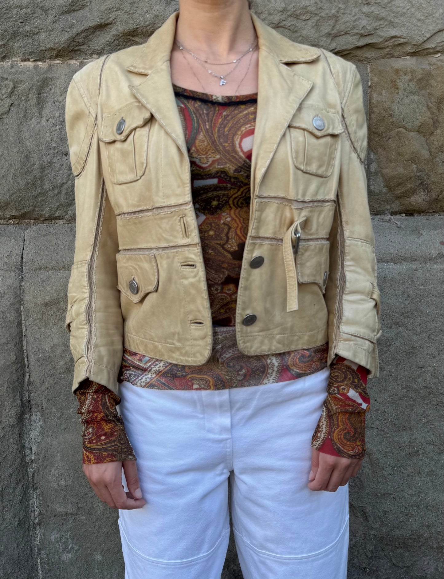 Jean Paul Gaultier Jeans Giacca in Pelle Vintage Stile Safari Beige - Pally Vintage Closet