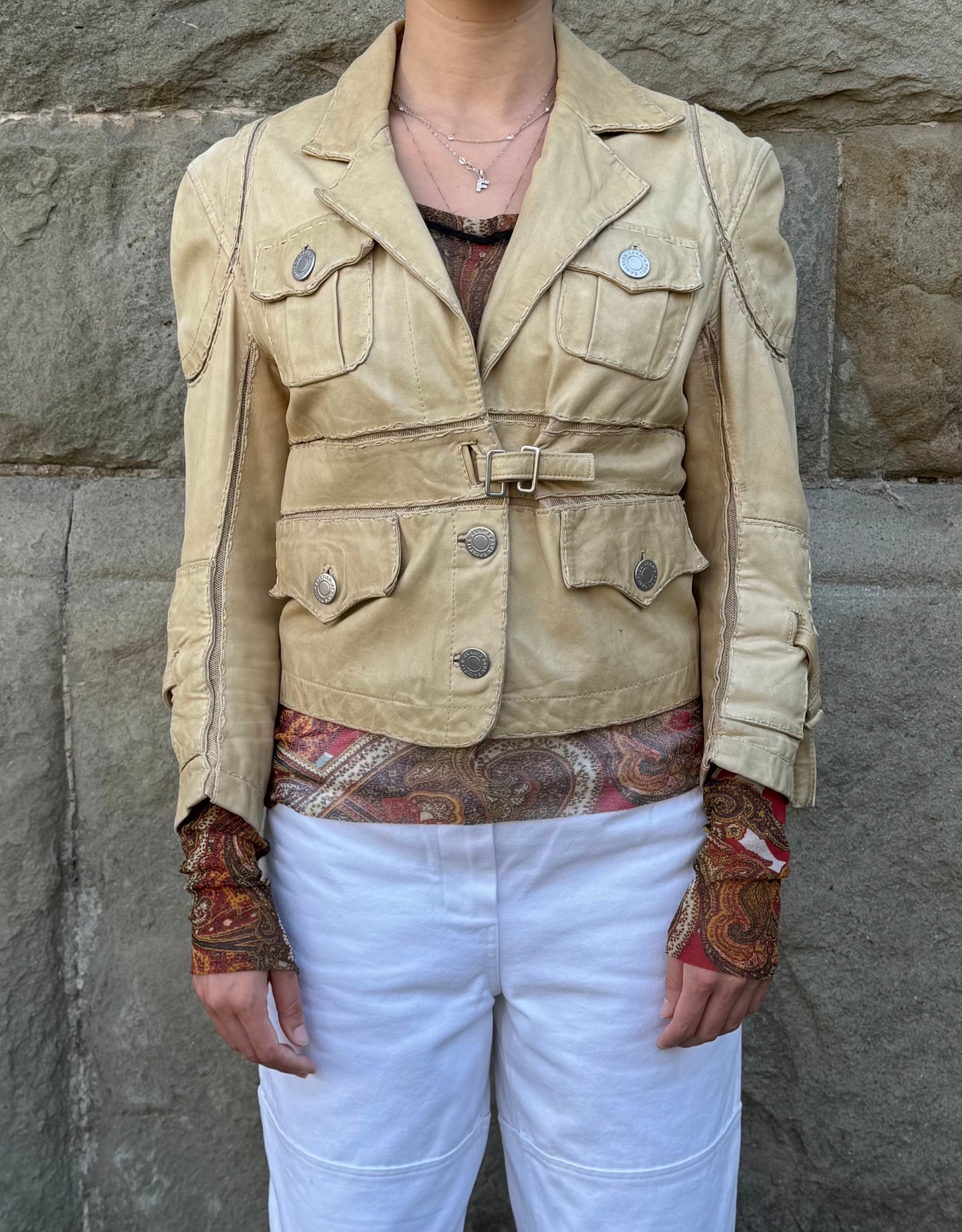 Jean Paul Gaultier Jeans Giacca in Pelle Vintage Stile Safari Beige - Pally Vintage Closet