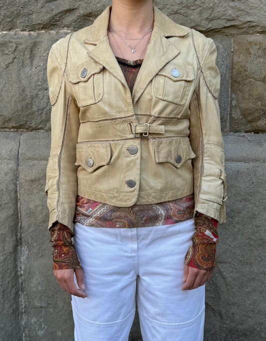 Jean Paul Gaultier Jeans Giacca in Pelle Vintage Stile Safari Beige - Pally Vintage Closet