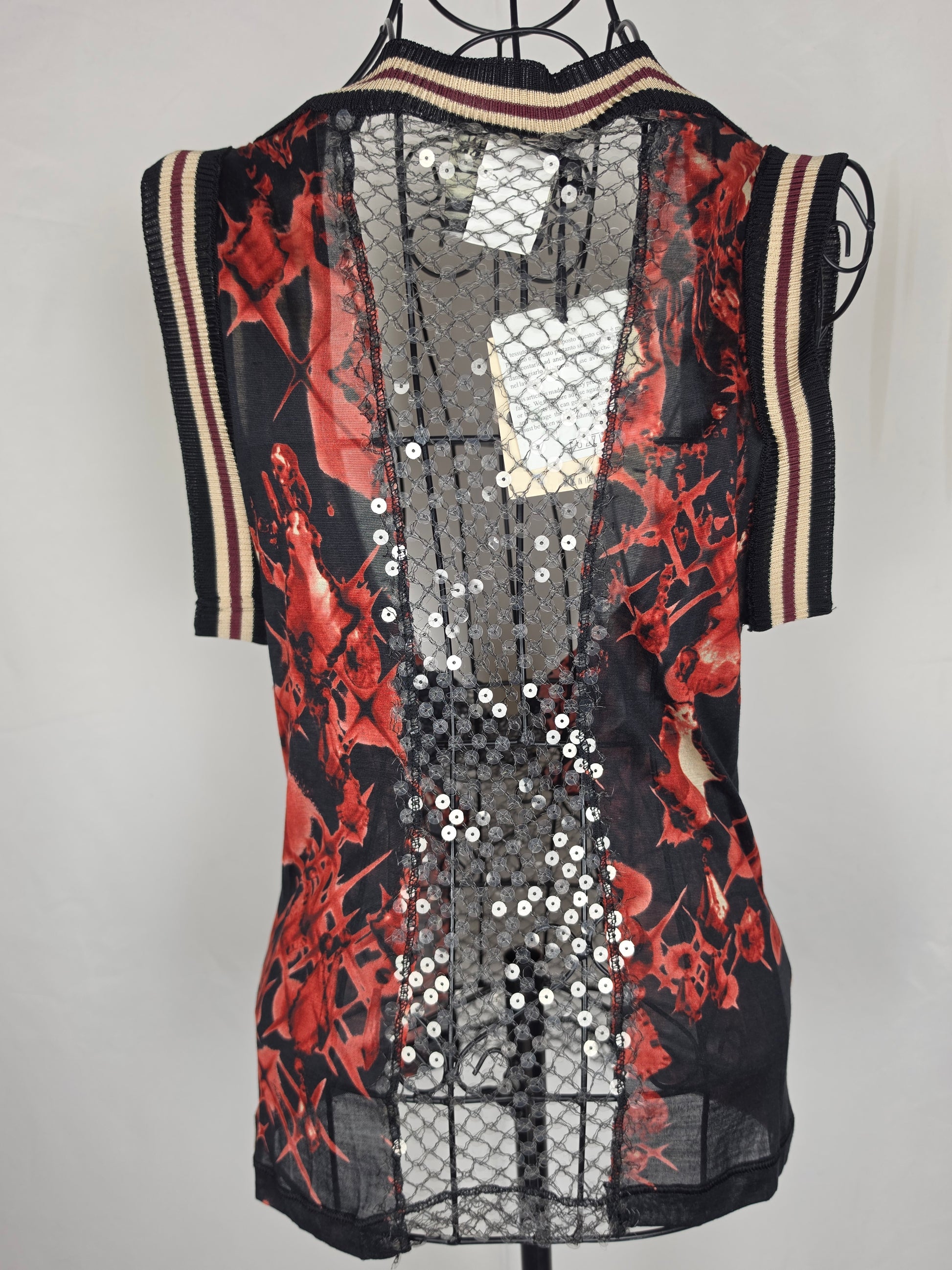 Jean Paul Gaultier Top Vintage Avant-Garde Varsity &amp; Sequined Mesh Rosso - Pally Vintage Closet