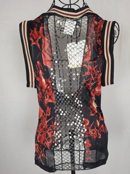Jean Paul Gaultier Top Vintage Avant-Garde Varsity &amp; Sequined Mesh Rosso - Pally Vintage Closet