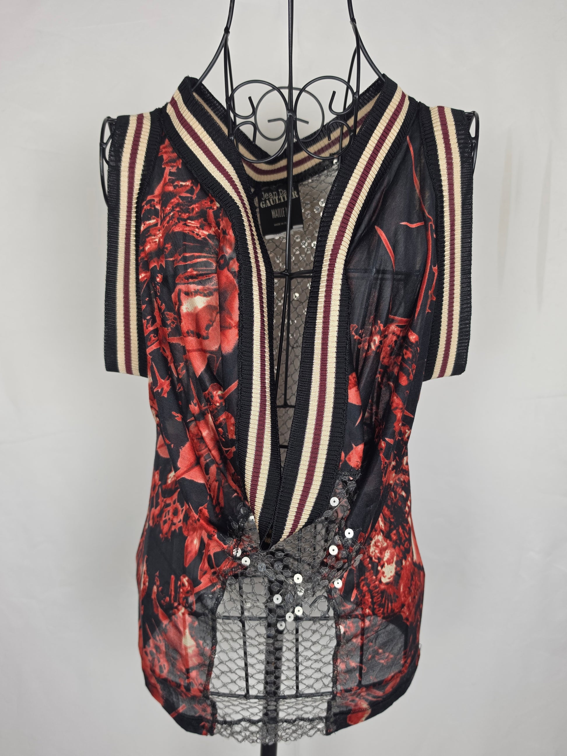 Jean Paul Gaultier Top Vintage Avant-Garde Varsity &amp; Sequined Mesh Rosso - Pally Vintage Closet