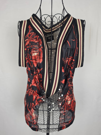 Jean Paul Gaultier Top Vintage Avant-Garde Varsity &amp; Sequined Mesh Rosso - Pally Vintage Closet