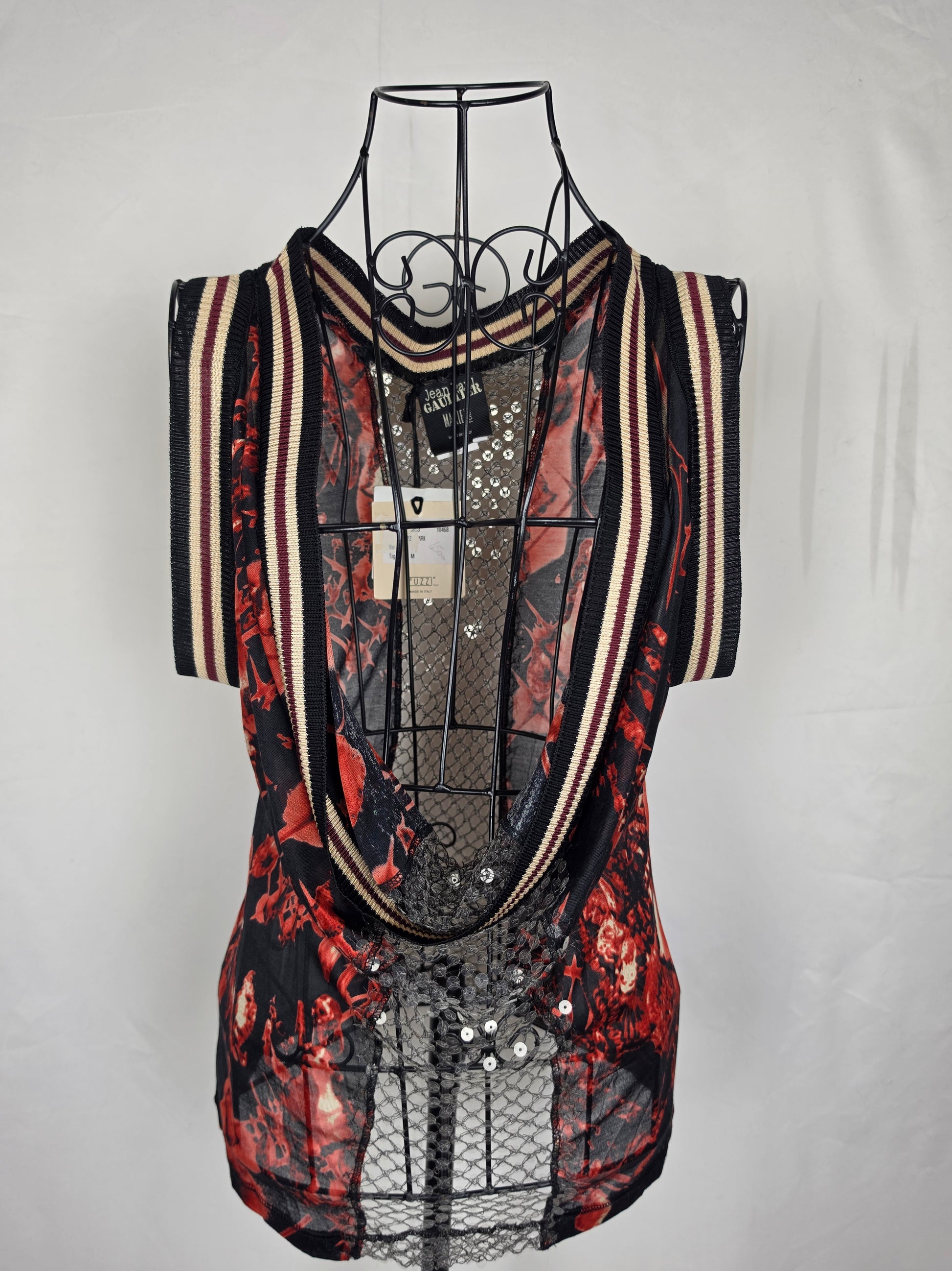 Jean Paul Gaultier Top Vintage Avant-Garde Varsity &amp; Sequined Mesh Rosso - Pally Vintage Closet