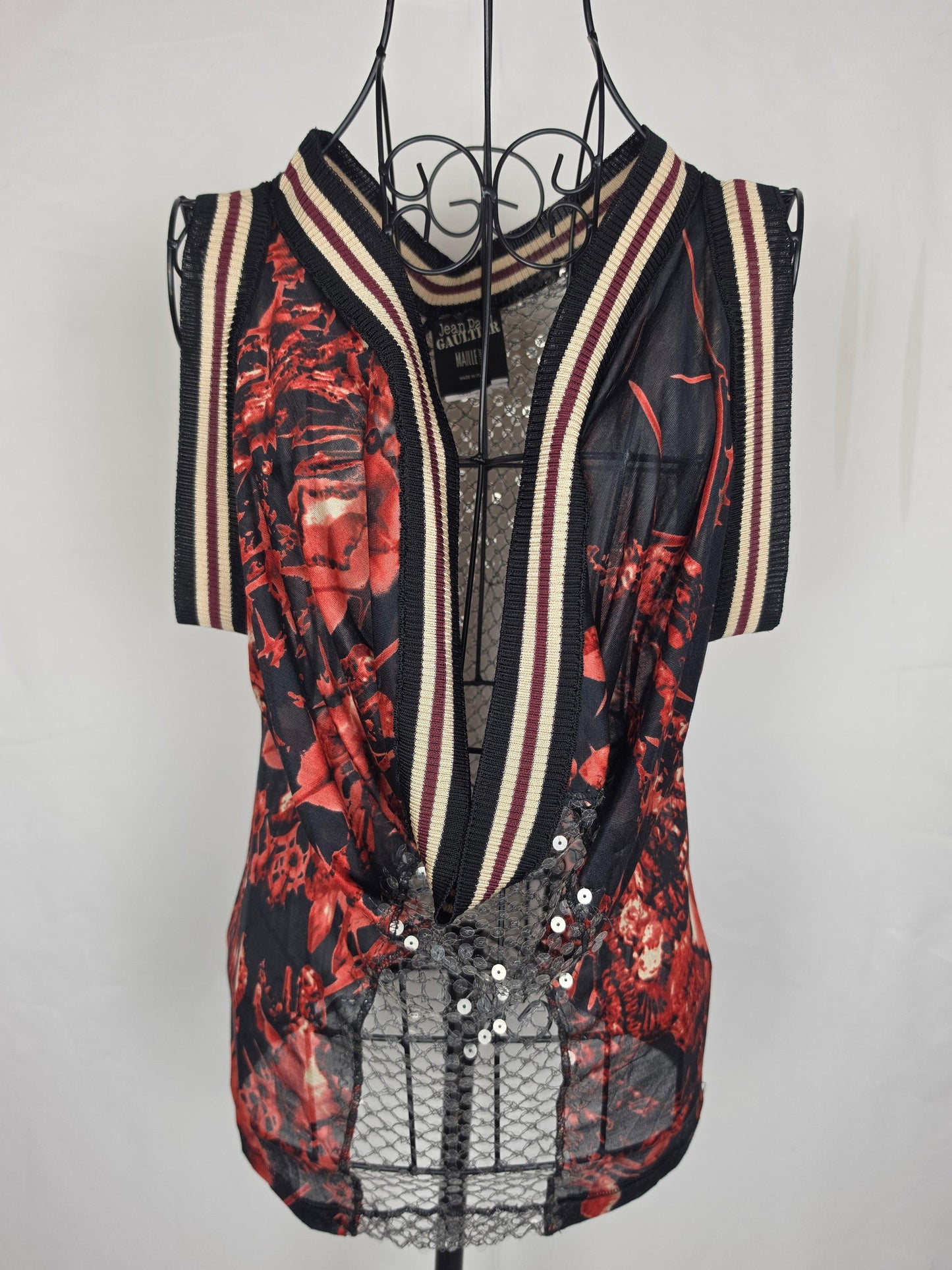 Jean Paul Gaultier Top Vintage Avant-Garde Varsity &amp; Sequined Mesh Rosso - Pally Vintage Closet