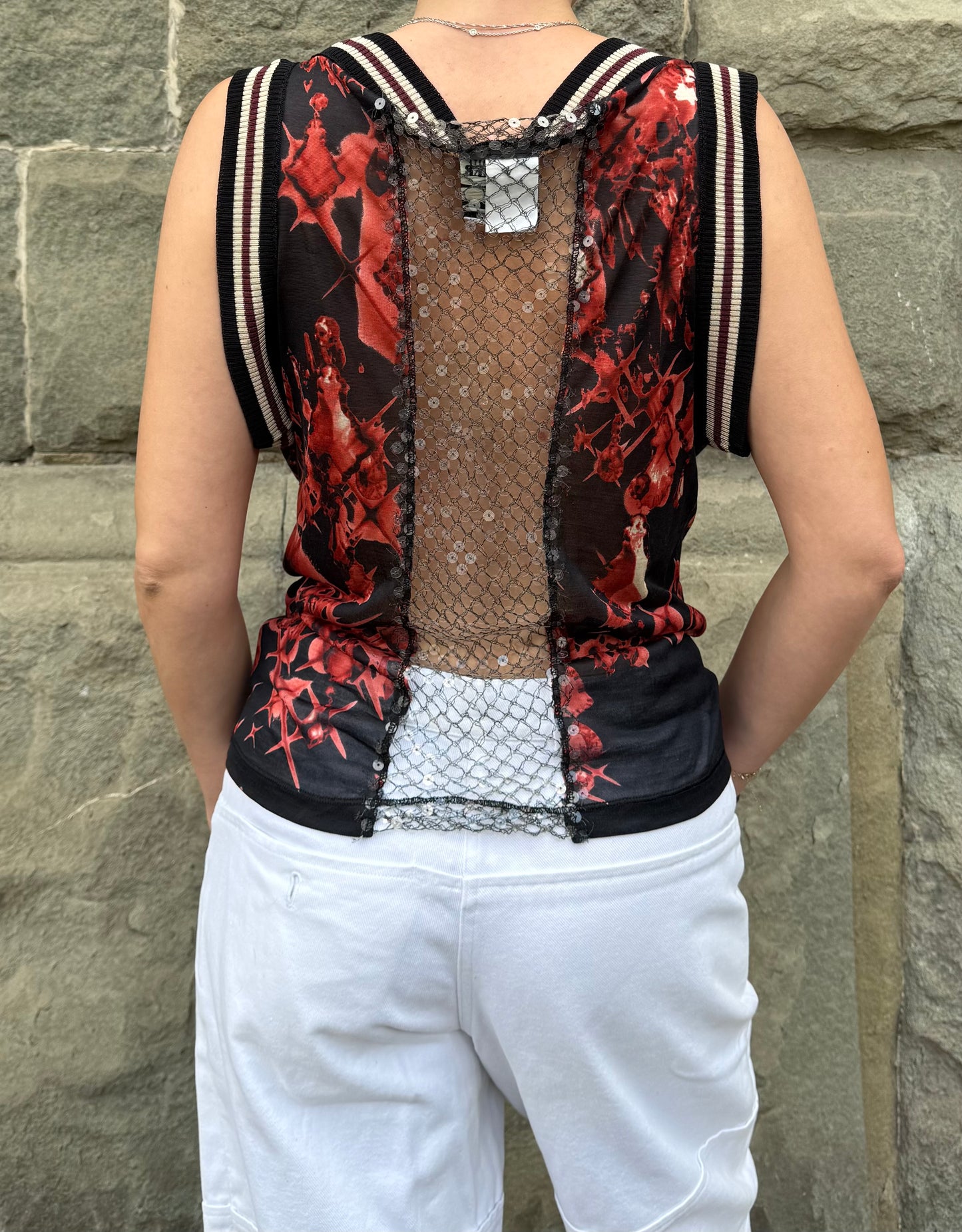 Jean Paul Gaultier Top Vintage Avant-Garde Varsity &amp; Sequined Mesh Rosso - Pally Vintage Closet