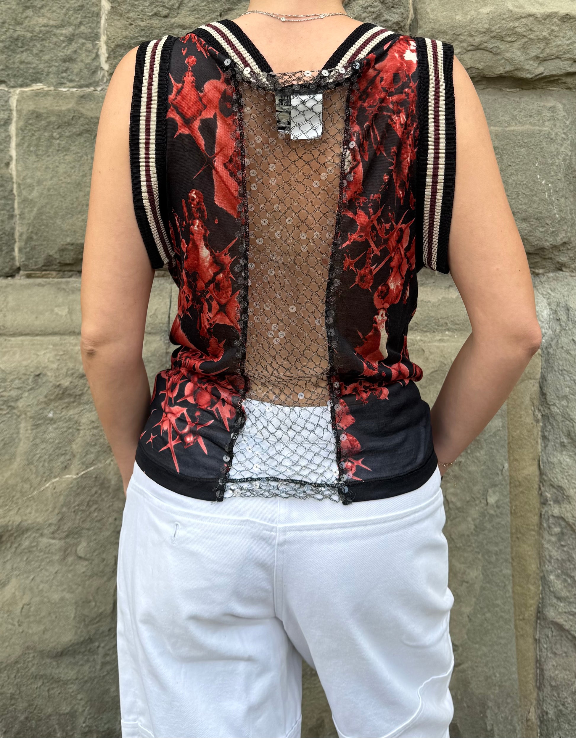 Jean Paul Gaultier Top Vintage Avant-Garde Varsity &amp; Sequined Mesh Rosso - Pally Vintage Closet