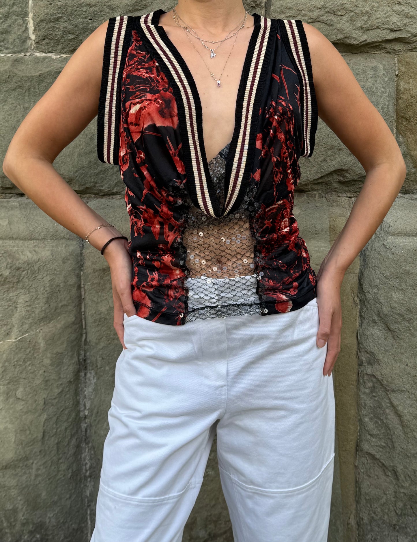Jean Paul Gaultier Top Vintage Avant-Garde Varsity &amp; Sequined Mesh Rosso - Pally Vintage Closet