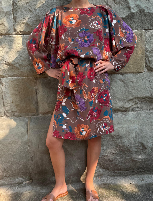Lancetti Boutique Abito Vintage Stampa Floreale con Fascia Marrone