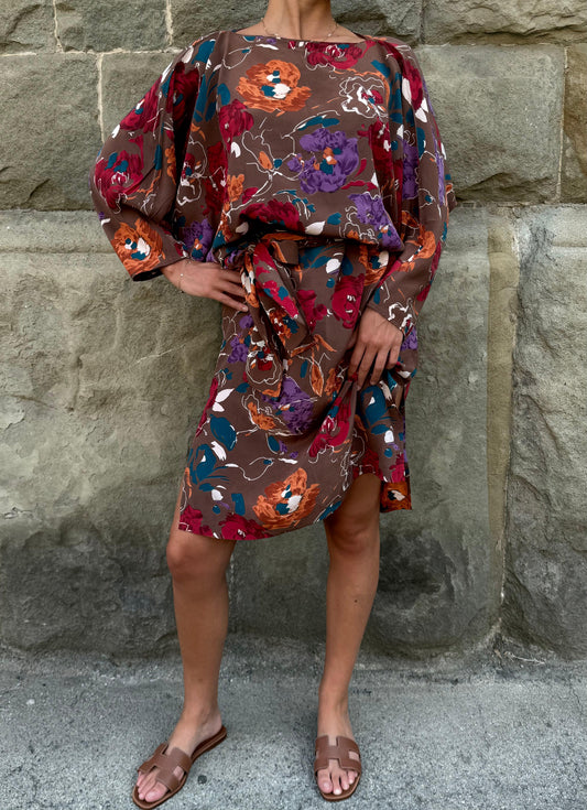 Lancetti Boutique Abito Vintage Stampa Floreale con Fascia Marrone