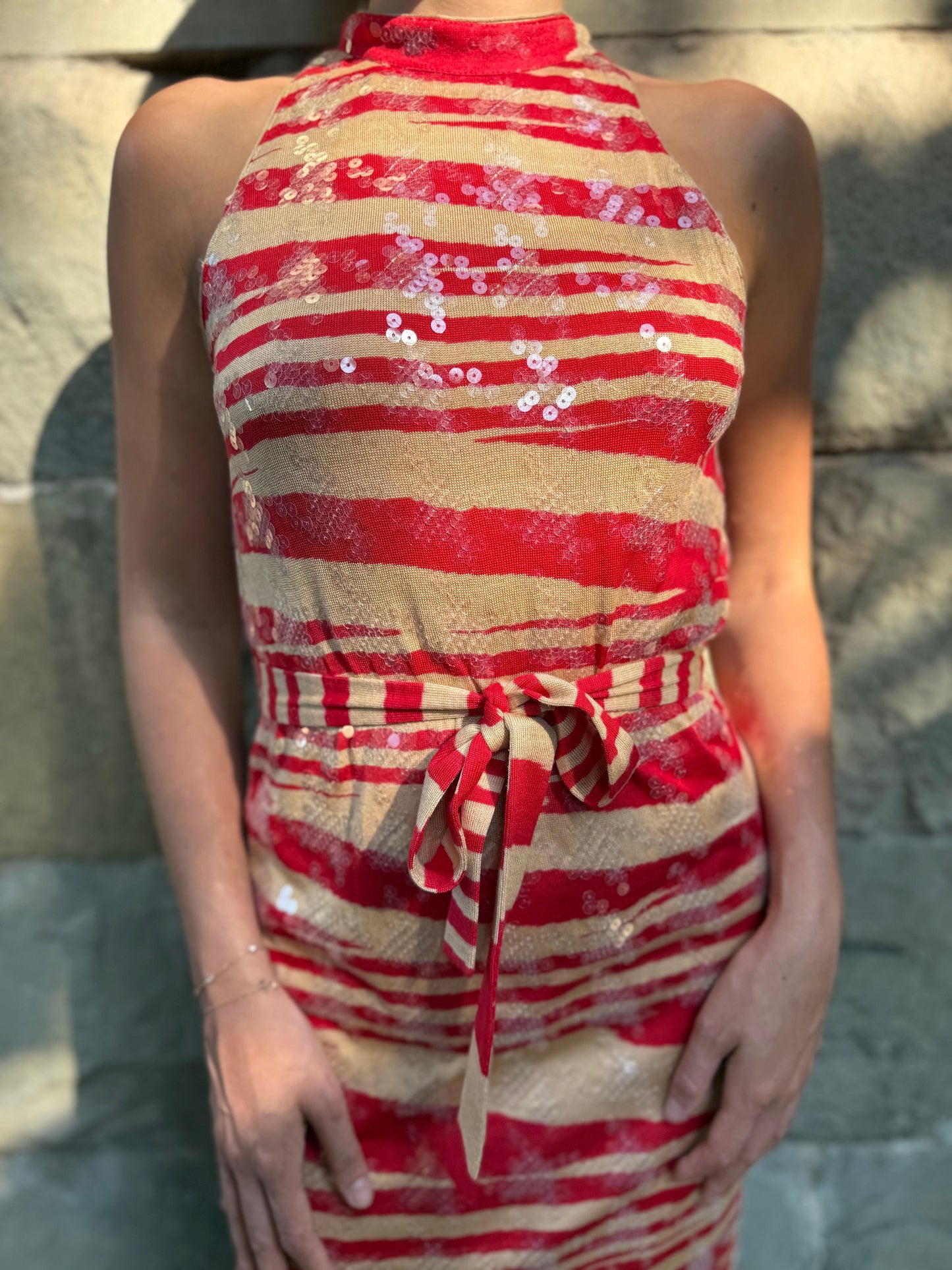 Missoni Abito Midi Vintage in Seta con Paillettes Rosso e Beige - Pally Vintage Closet