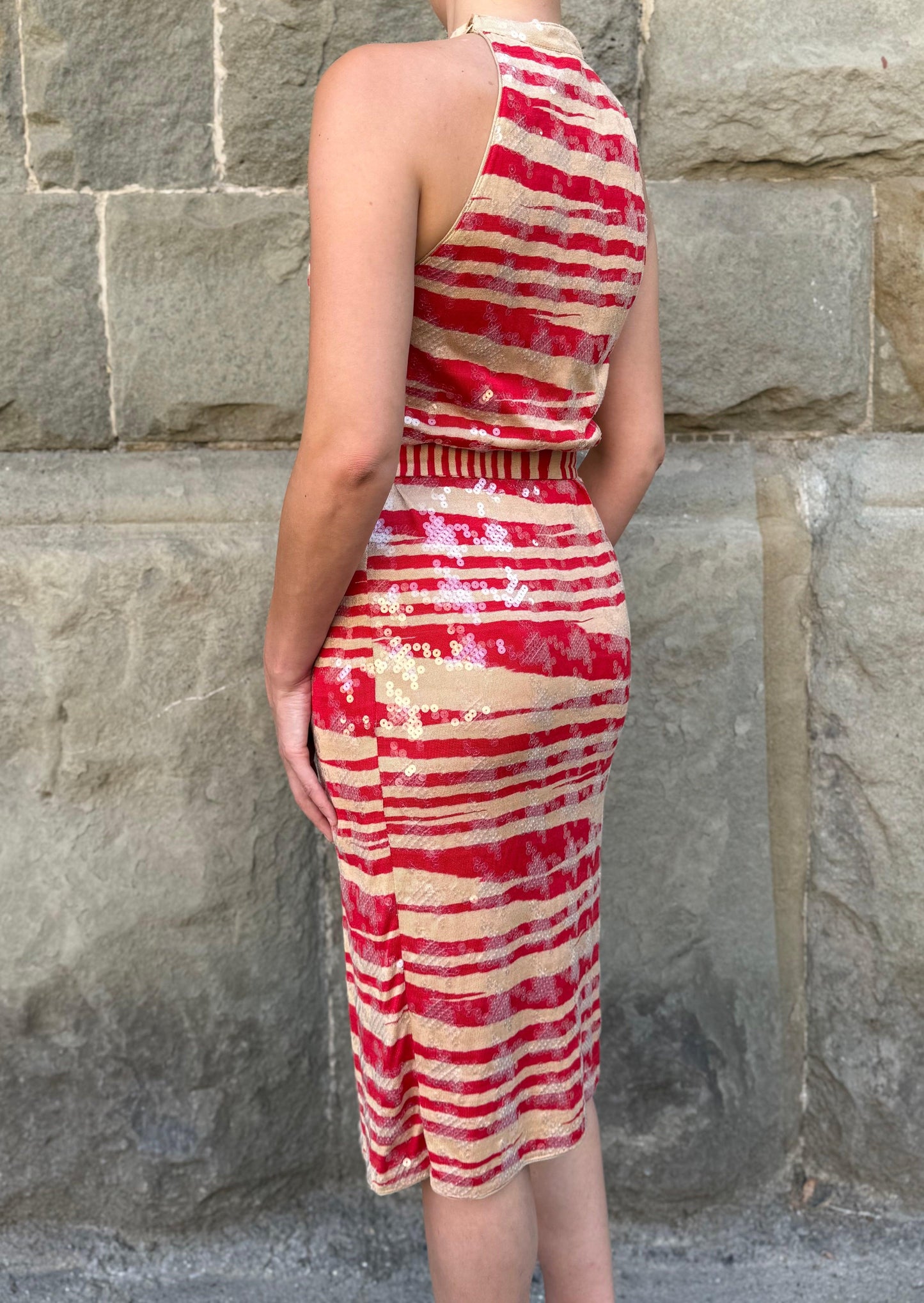 Missoni Abito Midi Vintage in Seta con Paillettes Rosso e Beige - Pally Vintage Closet