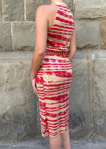 Missoni Abito Midi Vintage in Seta con Paillettes Rosso e Beige - Pally Vintage Closet