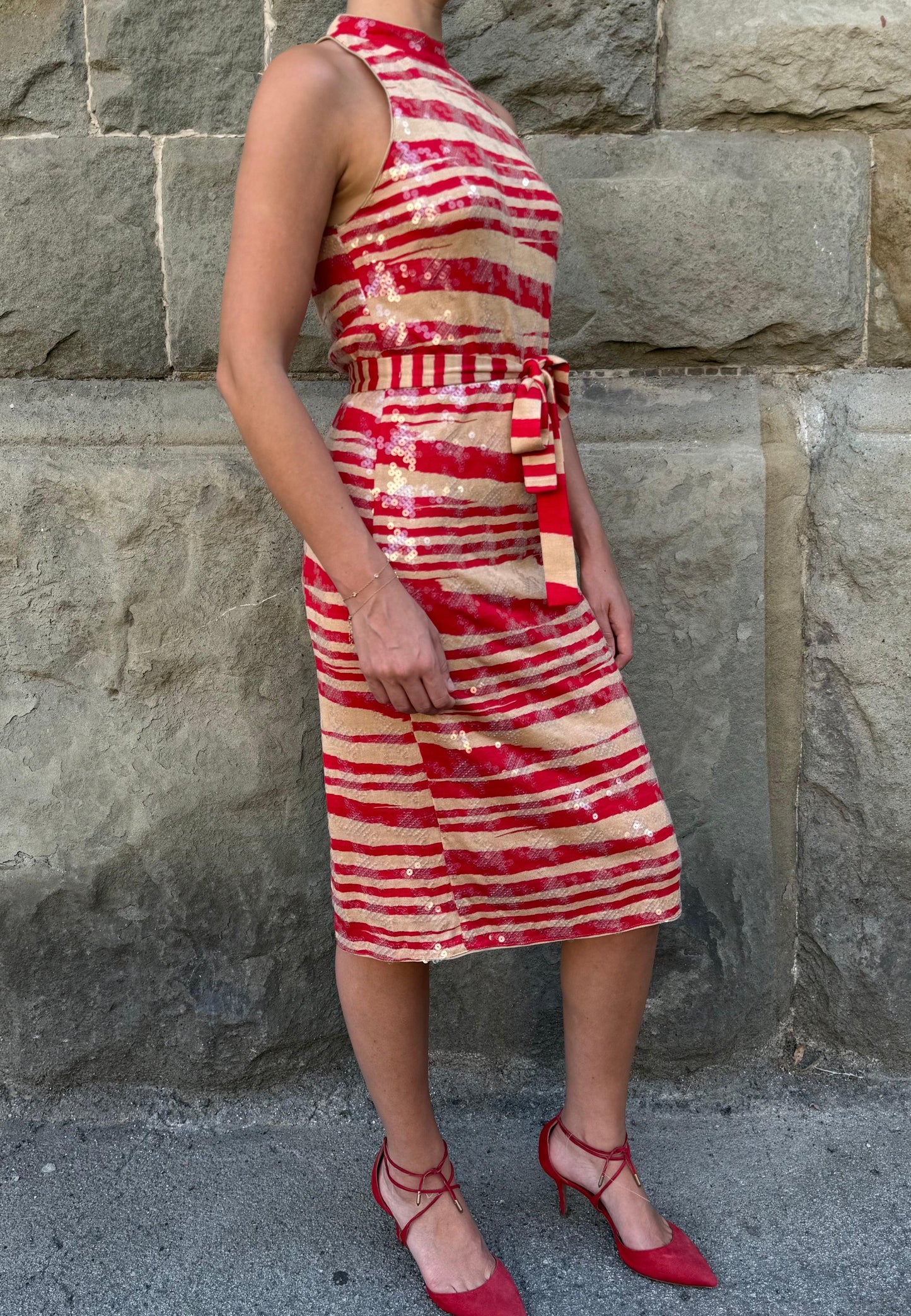 Missoni Abito Midi Vintage in Seta con Paillettes Rosso e Beige - Pally Vintage Closet