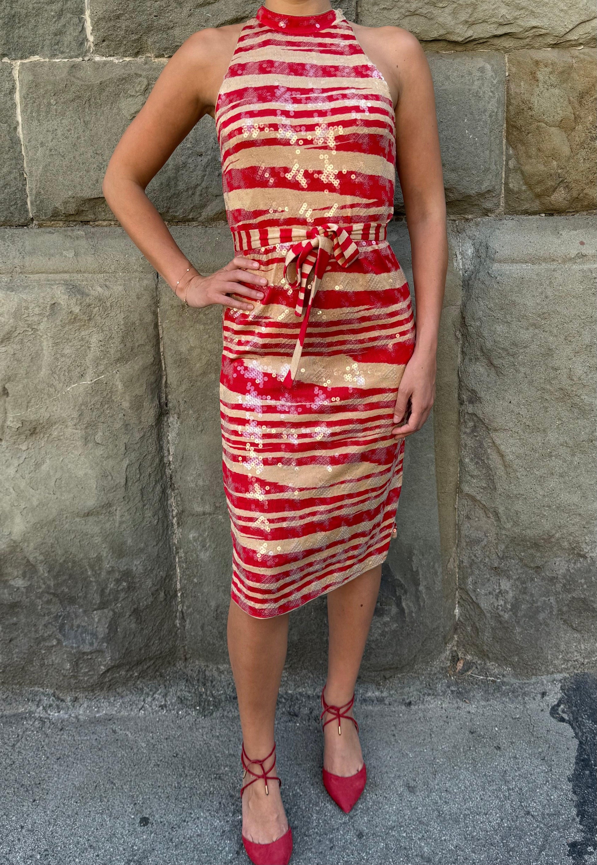 Missoni Abito Midi Vintage in Seta con Paillettes Rosso e Beige - Pally Vintage Closet