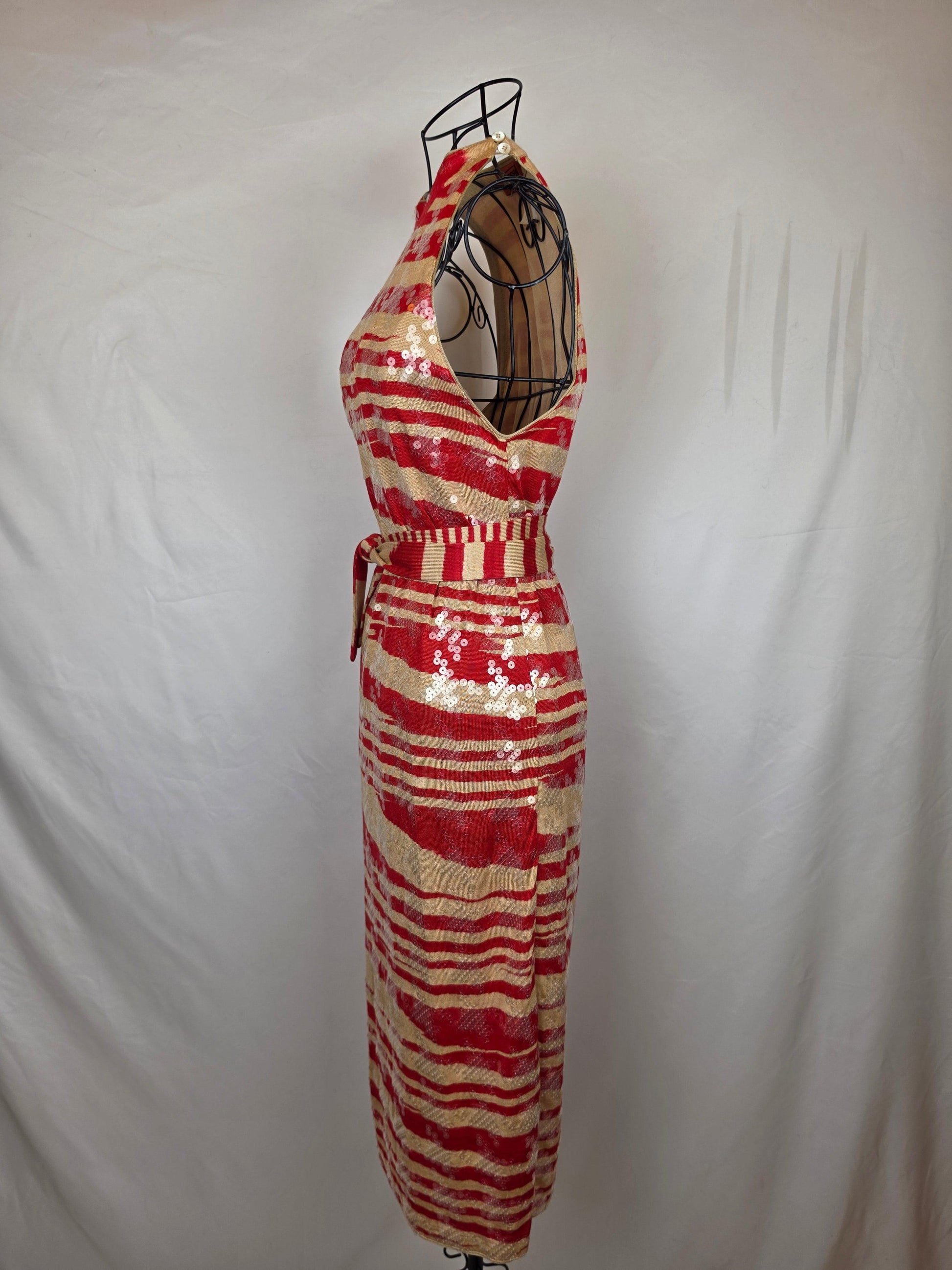 Missoni Abito Midi Vintage in Seta con Paillettes Rosso e Beige - Pally Vintage Closet