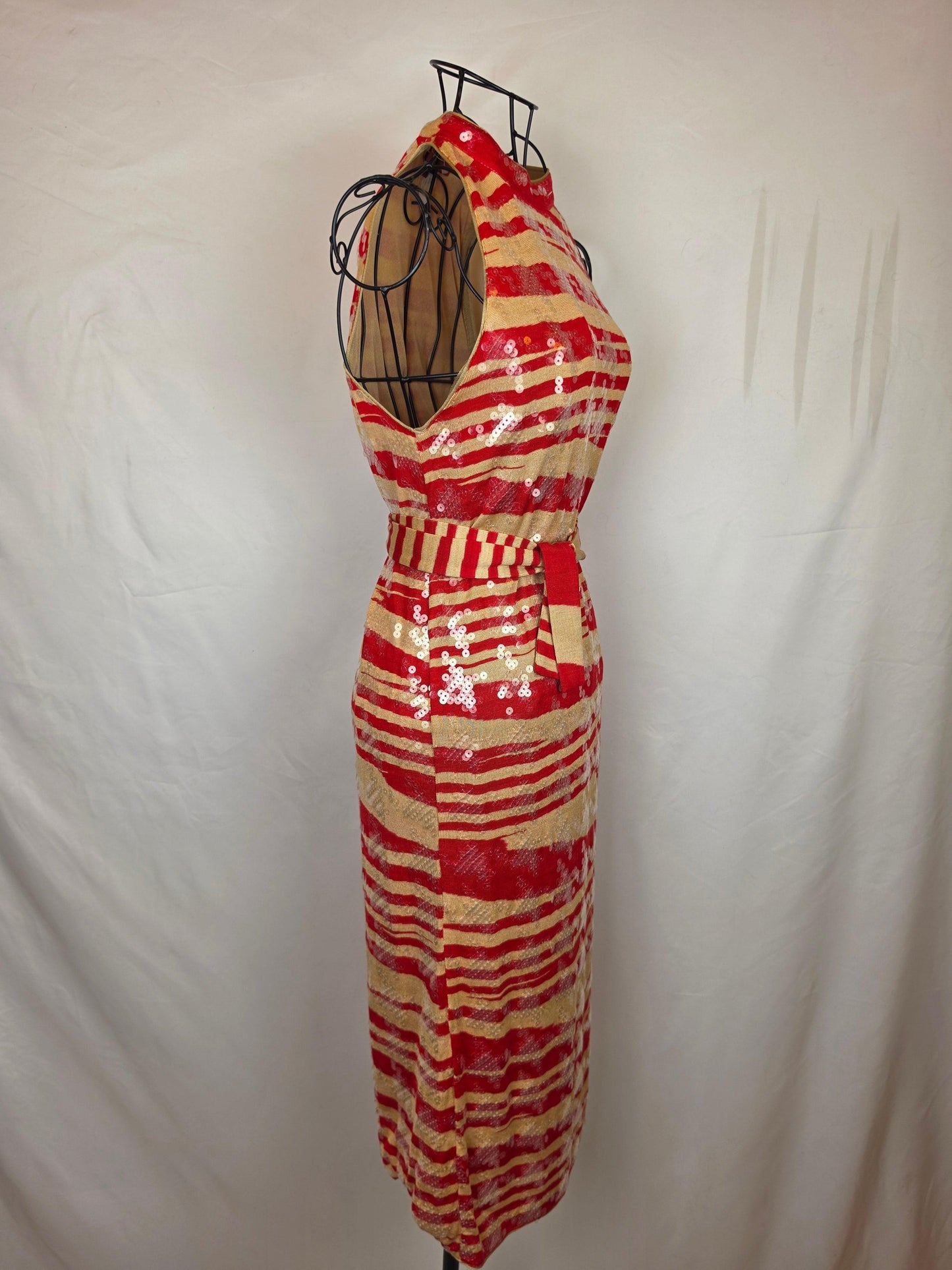 Missoni Abito Midi Vintage in Seta con Paillettes Rosso e Beige - Pally Vintage Closet