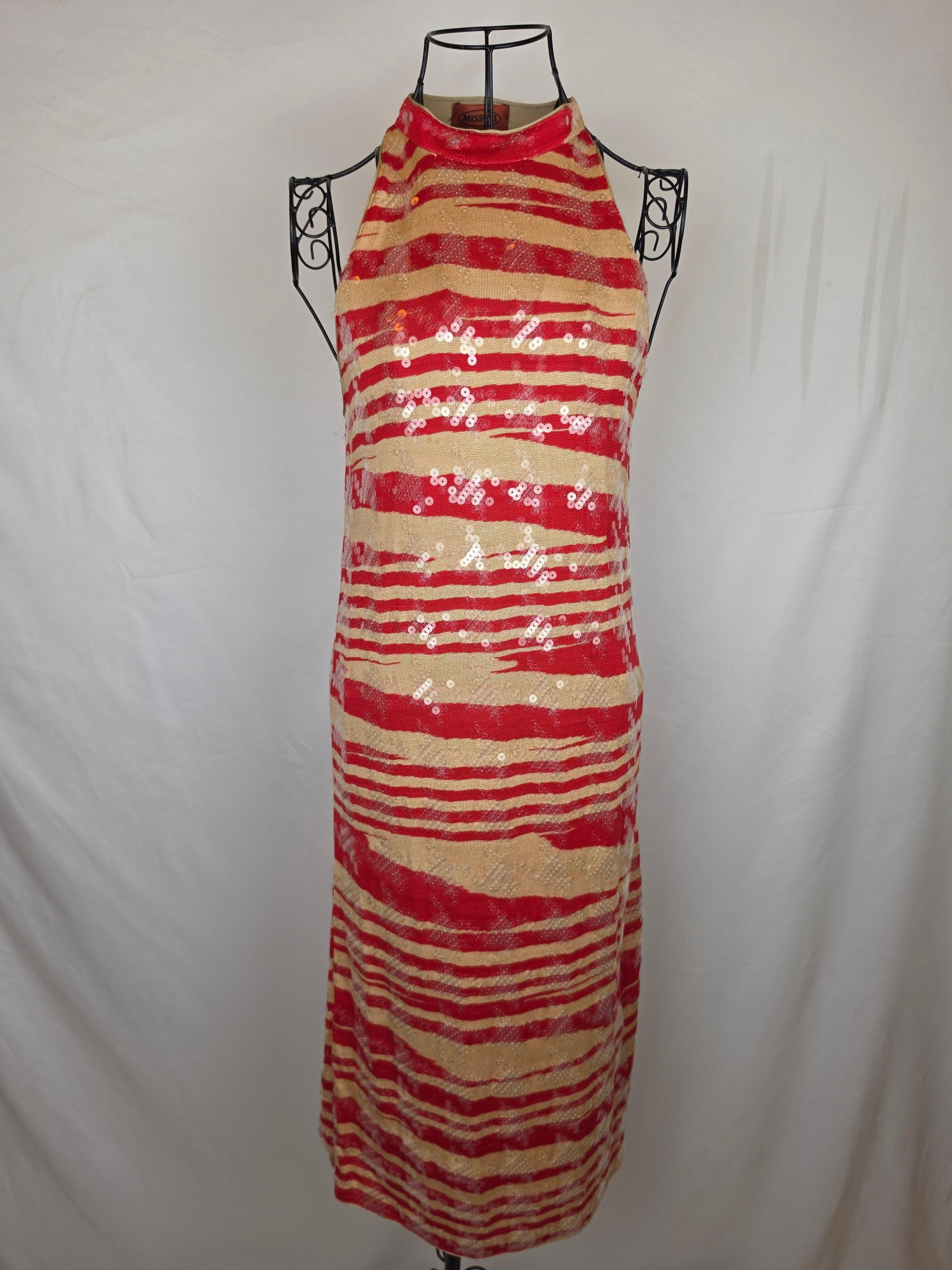 Missoni Abito Midi Vintage in Seta con Paillettes Rosso e Beige - Pally Vintage Closet