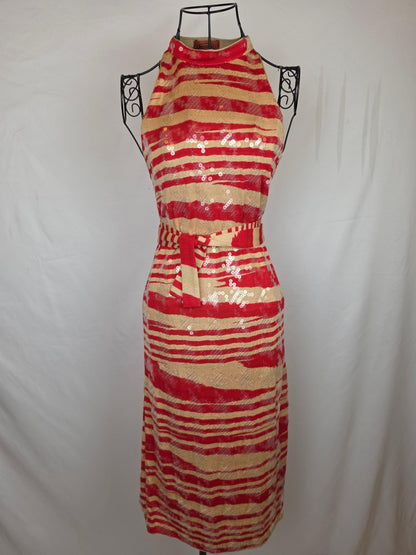 Missoni Abito Midi Vintage in Seta con Paillettes Rosso e Beige - Pally Vintage Closet