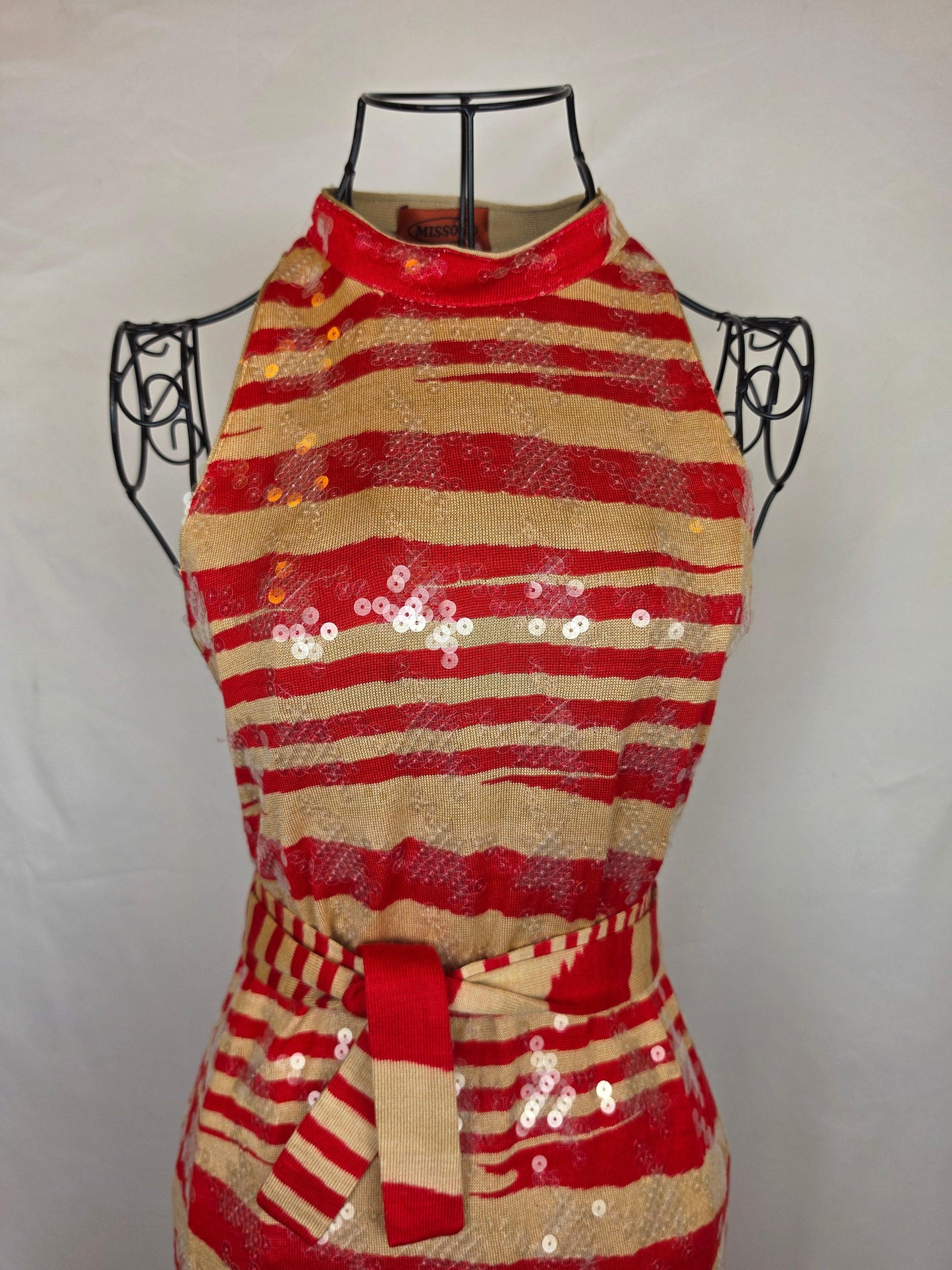 Missoni Abito Midi Vintage in Seta con Paillettes Rosso e Beige - Pally Vintage Closet