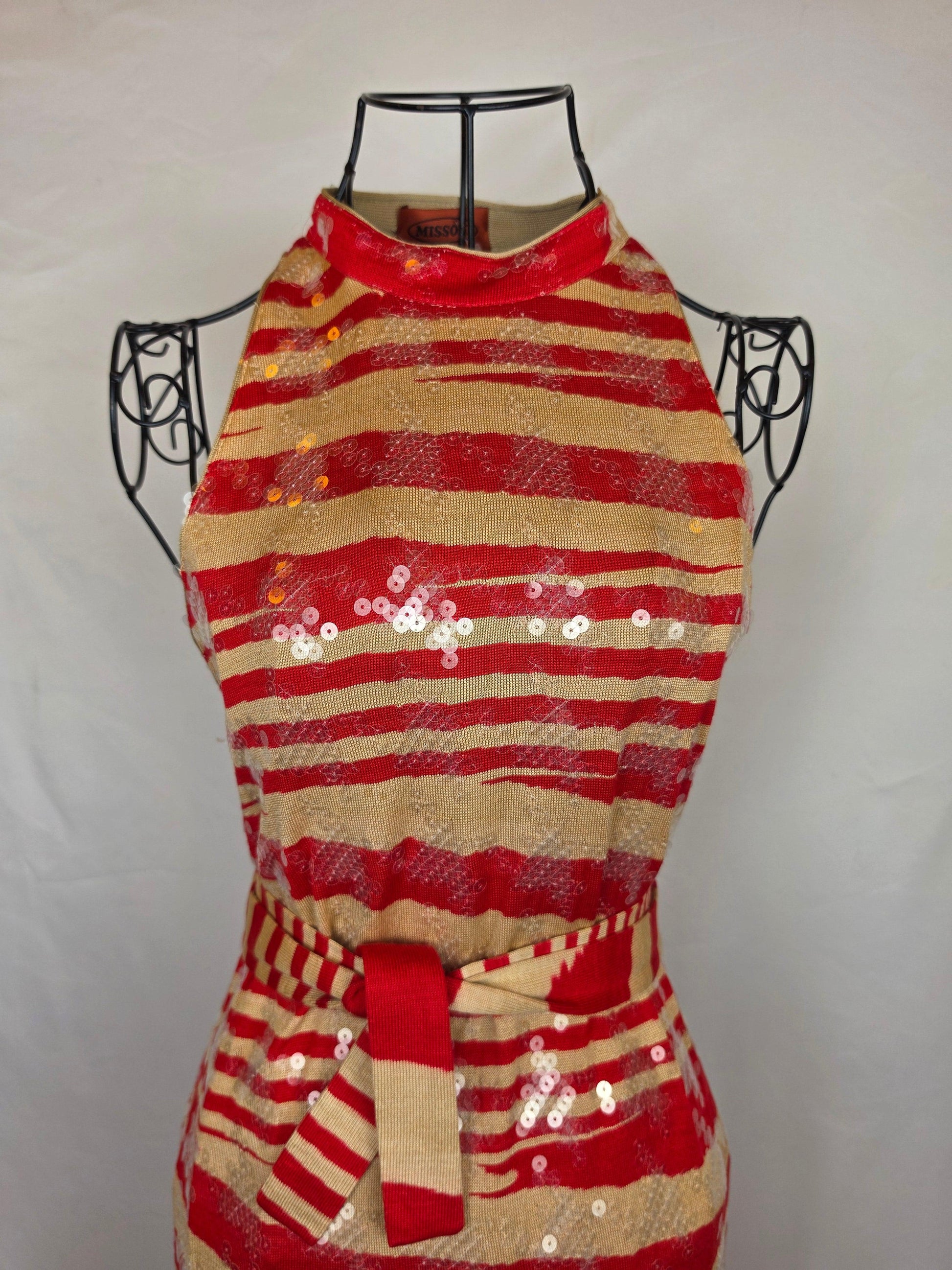 Missoni Abito Midi Vintage in Seta con Paillettes Rosso e Beige - Pally Vintage Closet