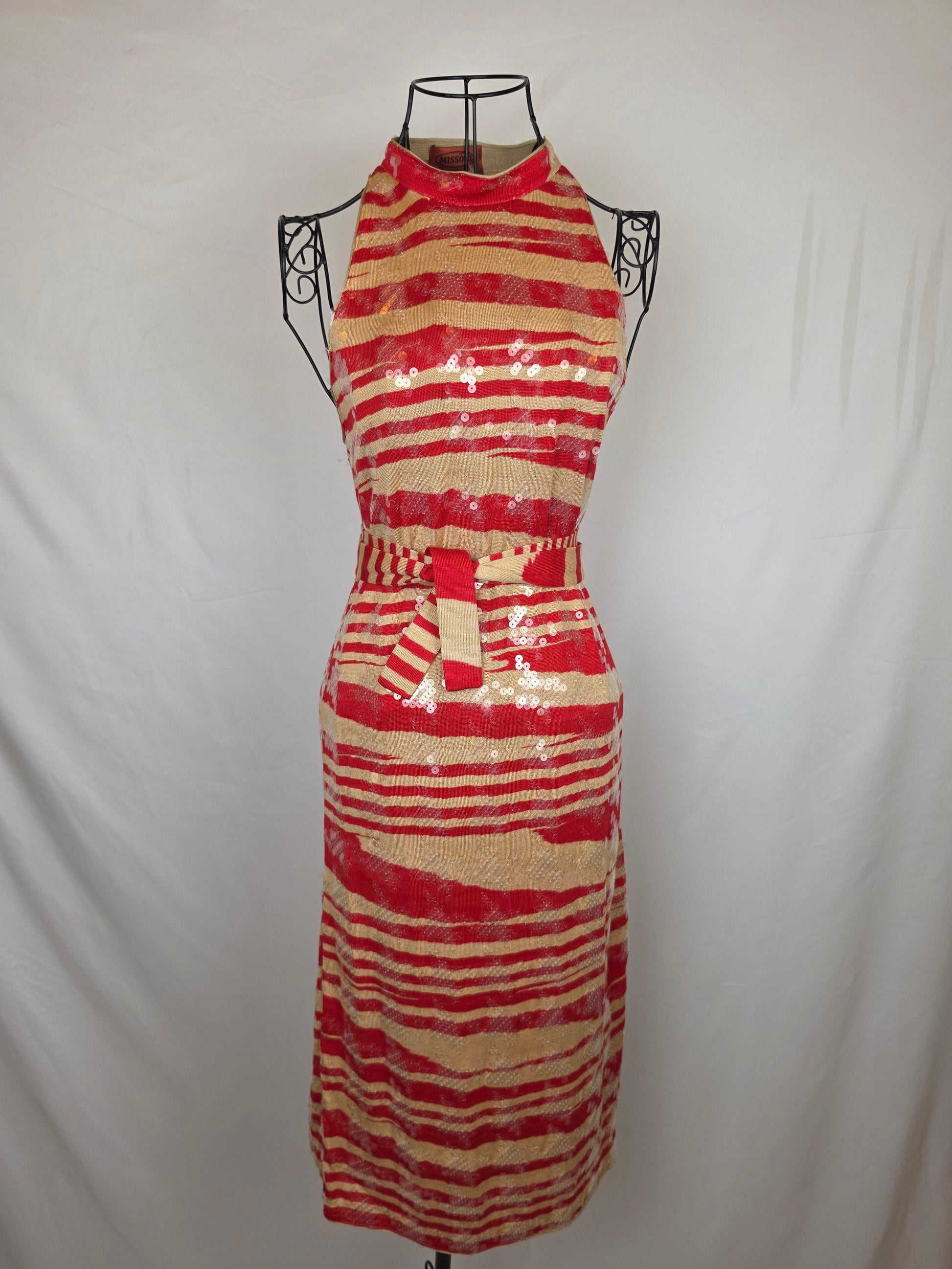 Missoni Abito Midi Vintage in Seta con Paillettes Rosso e Beige - Pally Vintage Closet