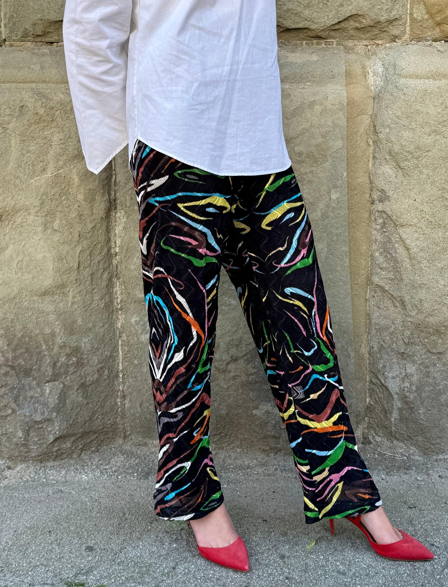 Missoni-Pantaloni-Vintage-a-Crochet-con-Motivo-Astratto-Nero-70587692122436 - Pally Vintage Closet