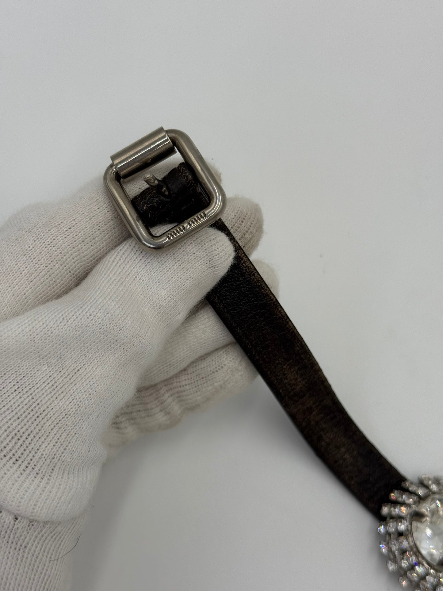 Miu Miu Choker in Pelle con Cristalli Oversize Marrone Scuro